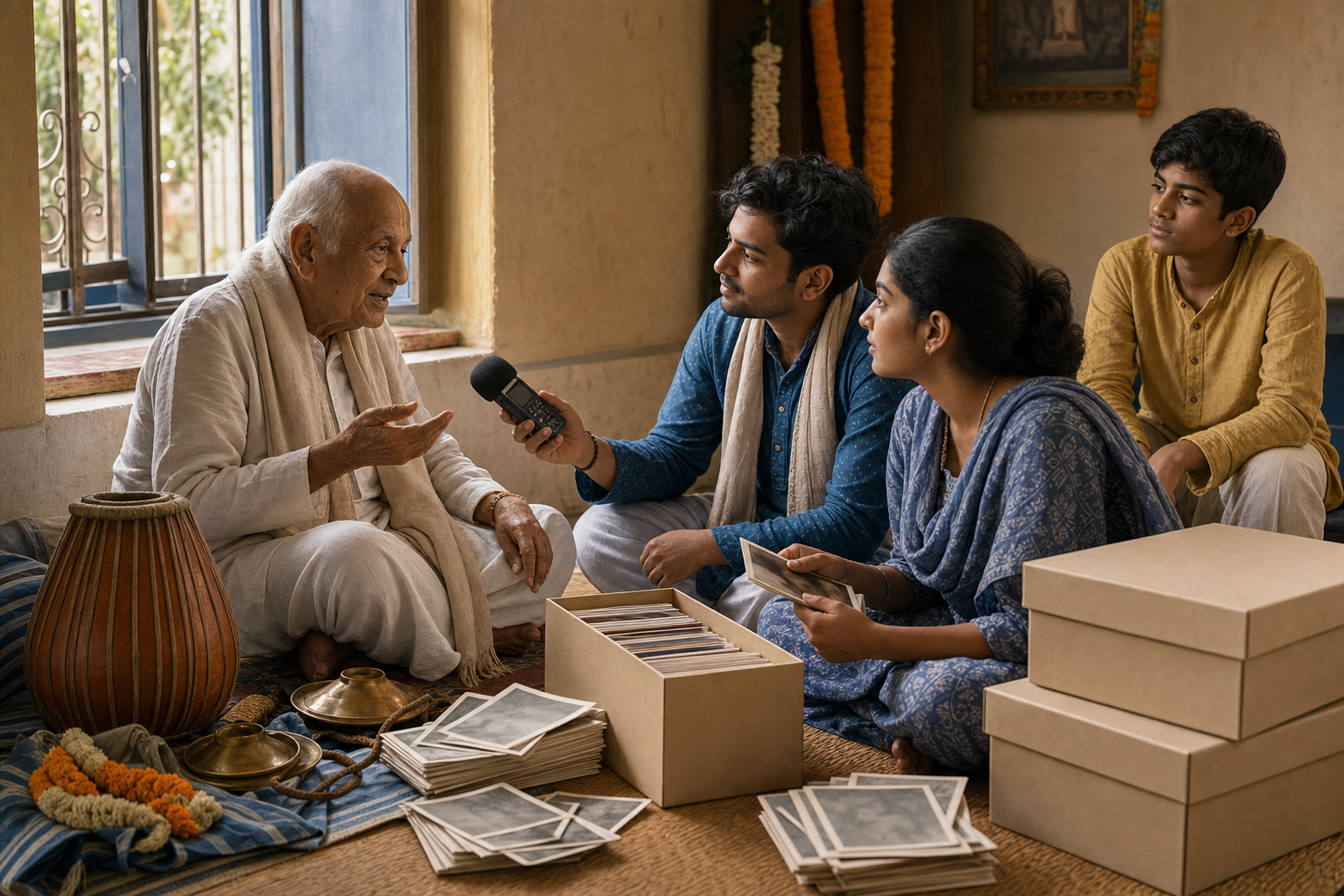 An elderly Vaishnava devotee shares memories with younger community members who record the conversation and organize photographs and sacred cultural objects.