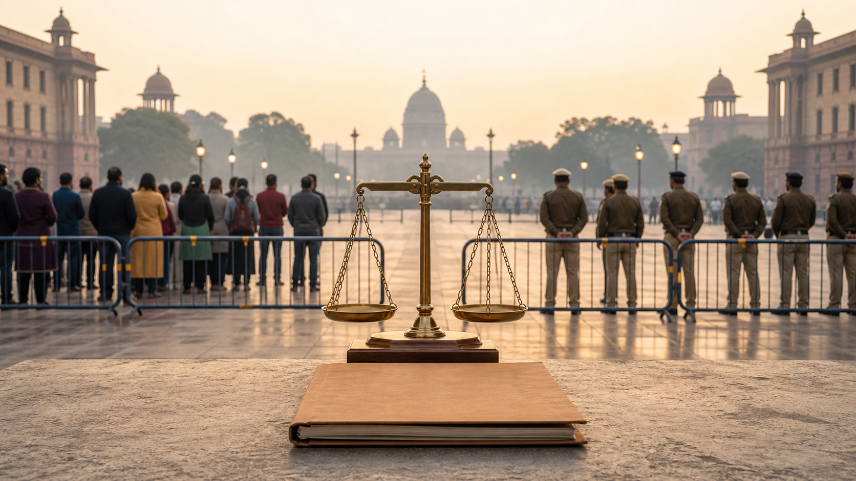 An editorial scene of peaceful protesters and police facing each other across a civic plaza, with a balanced scale and an unmarked case file in the foreground.