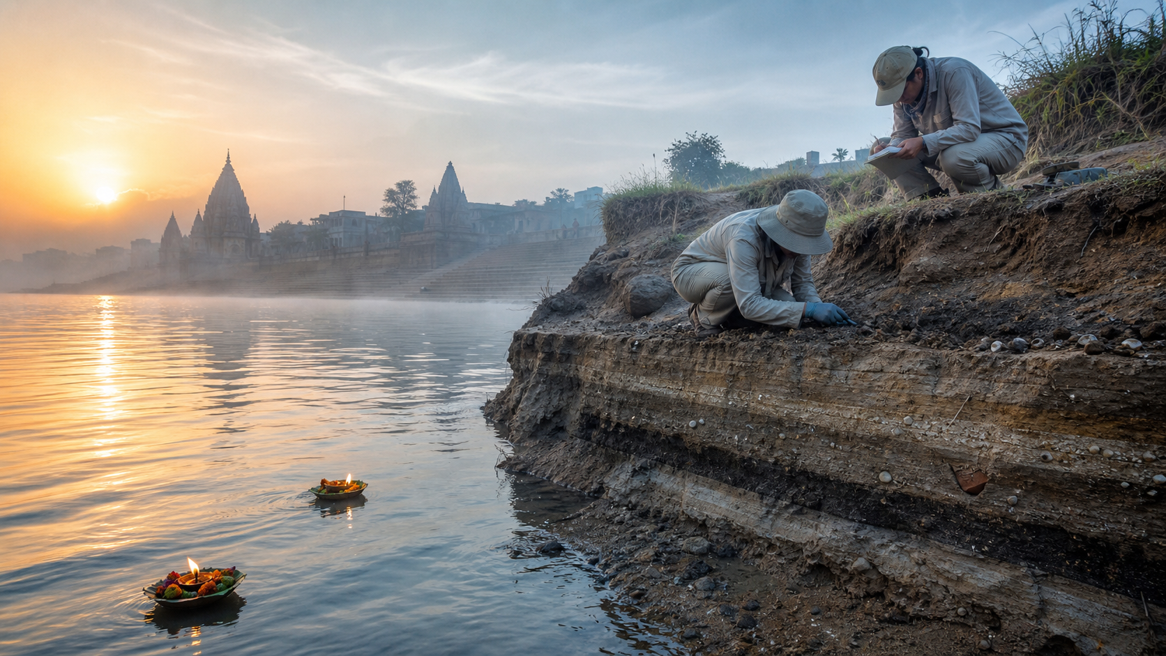 A sacred river at dawn with floating flower lamps, distant stone steps, and researchers examining sediment layers in an eroded bank.