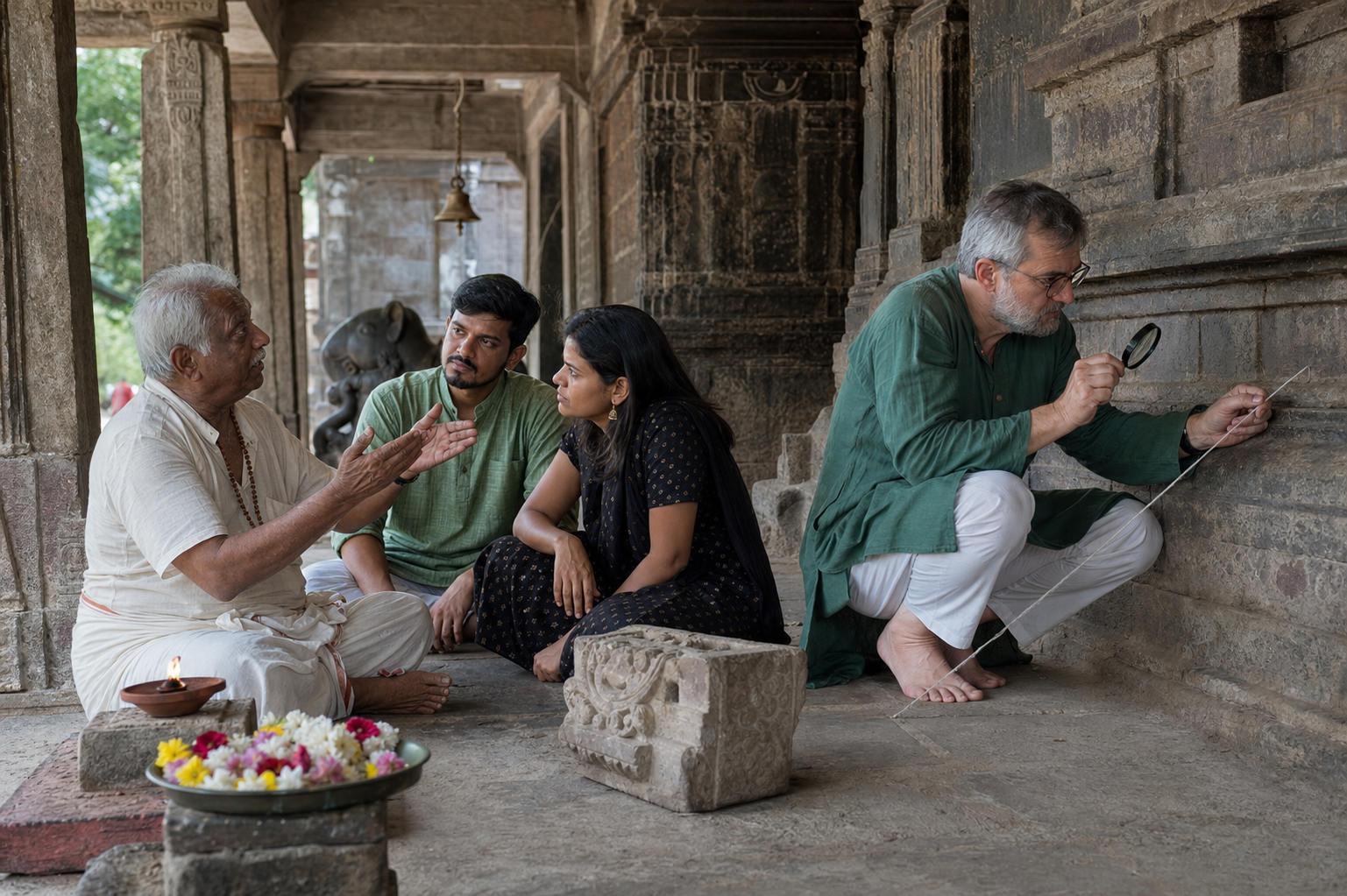 A temple custodian shares an oral tradition while a historian examines the construction of a nearby stone wall.