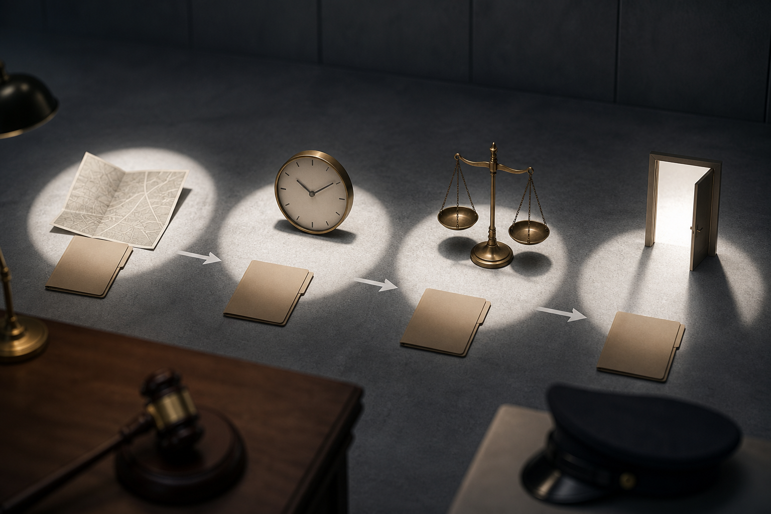 An unmarked evidence file passes through four pools of light containing an unlabeled map, a clock, a balance, and an open doorway in an institutional review room.