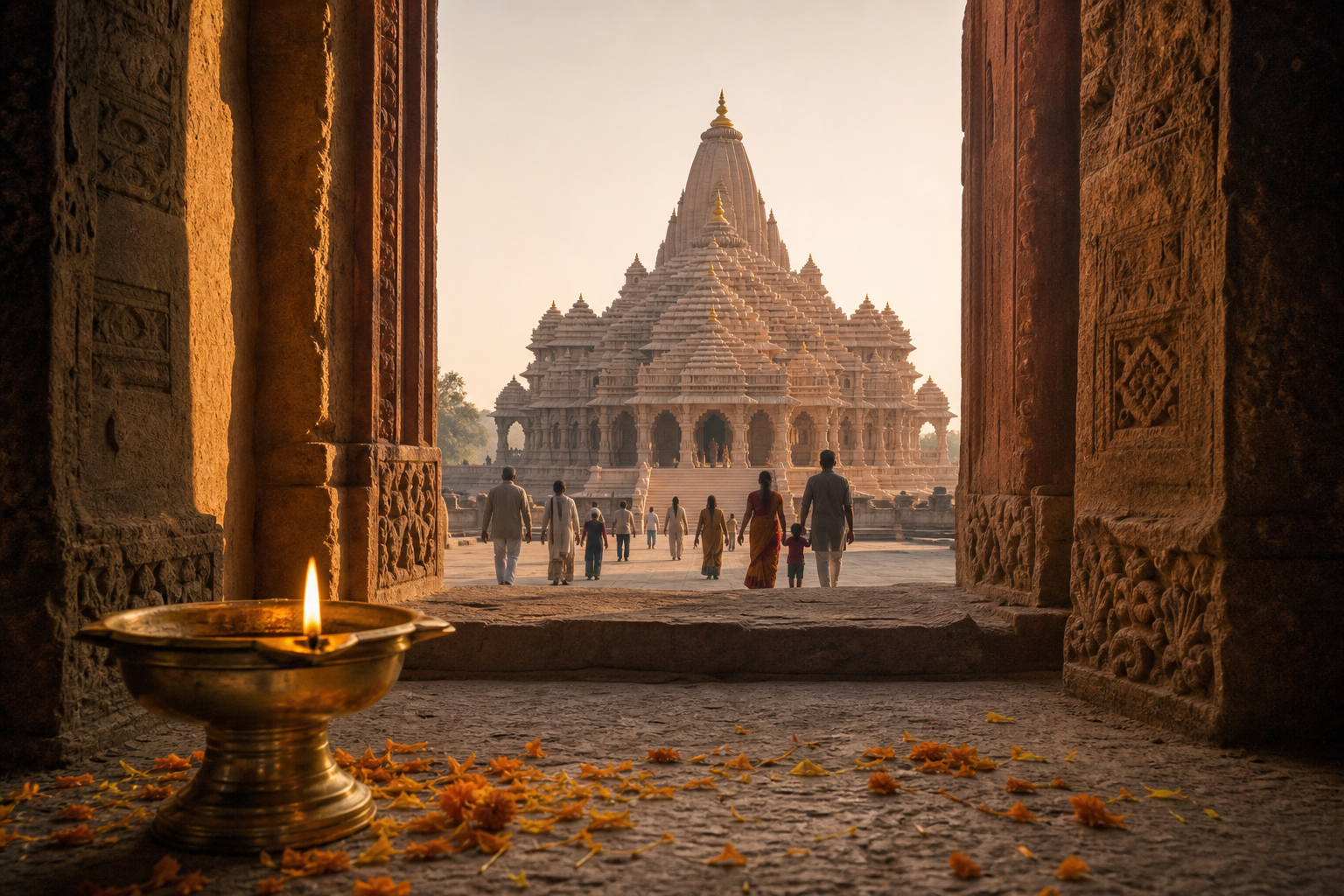 The Ayodhya Ram Mandir is framed by an older carved stone gateway, with a lit brass lamp and marigold petals in the foreground and visitors walking toward the temple.
