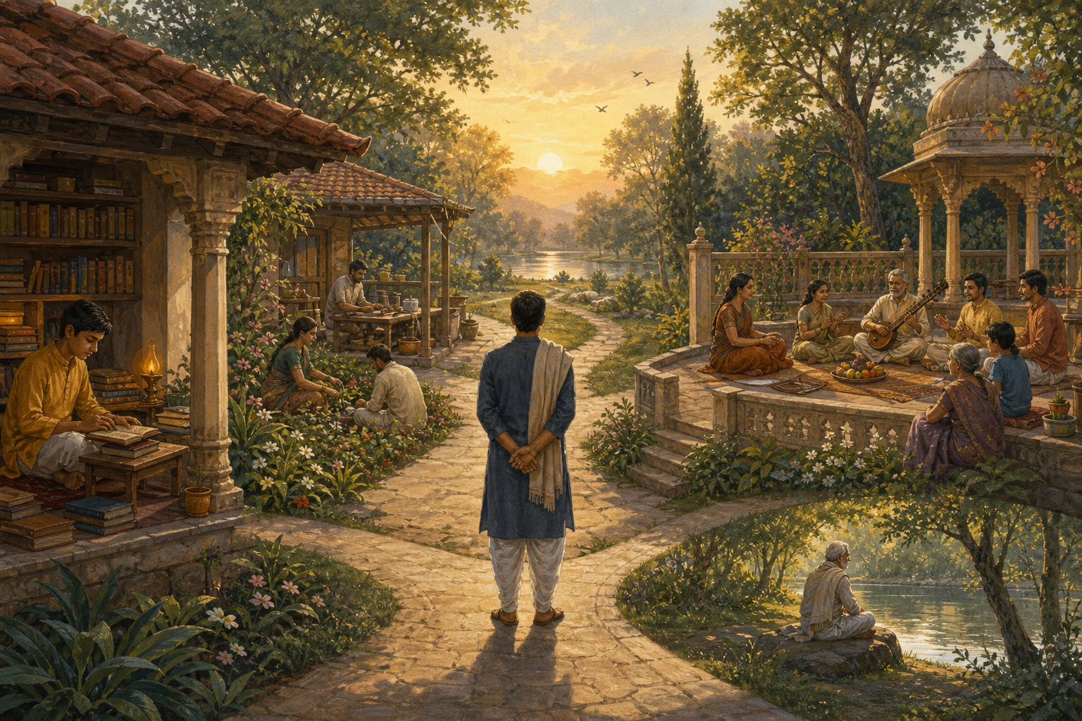 An adult stands where four paths connect a study space, a household garden, a social terrace, and a quiet forest grove, with people of different ages nearby.