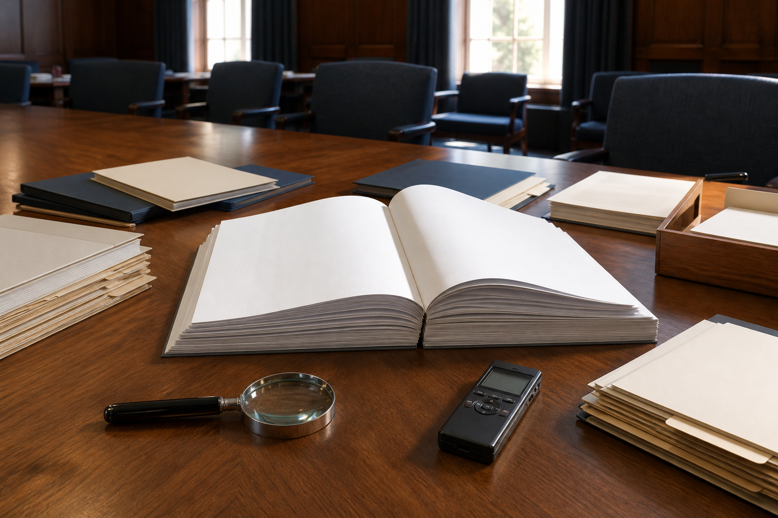 Blank pages, evidence folders, a magnifying glass, and an audio recorder are arranged on a committee table surrounded by empty chairs.