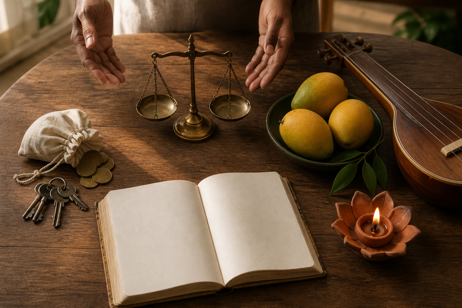 A person's hands consider a scale, coins and keys, fruit and a musical instrument, and a blank journal with a clay lamp arranged on a wooden table.