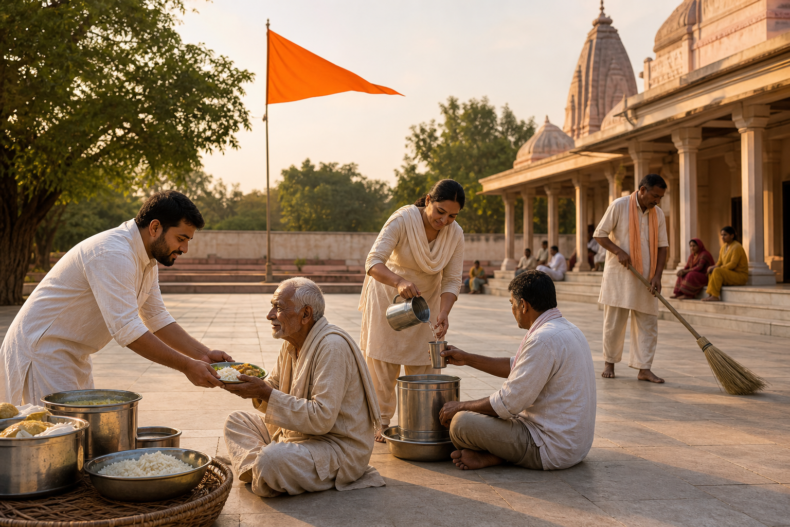Volunteers serve food and water and sweep a temple courtyard beneath a plain saffron flag while pilgrims sit for a shared meal.