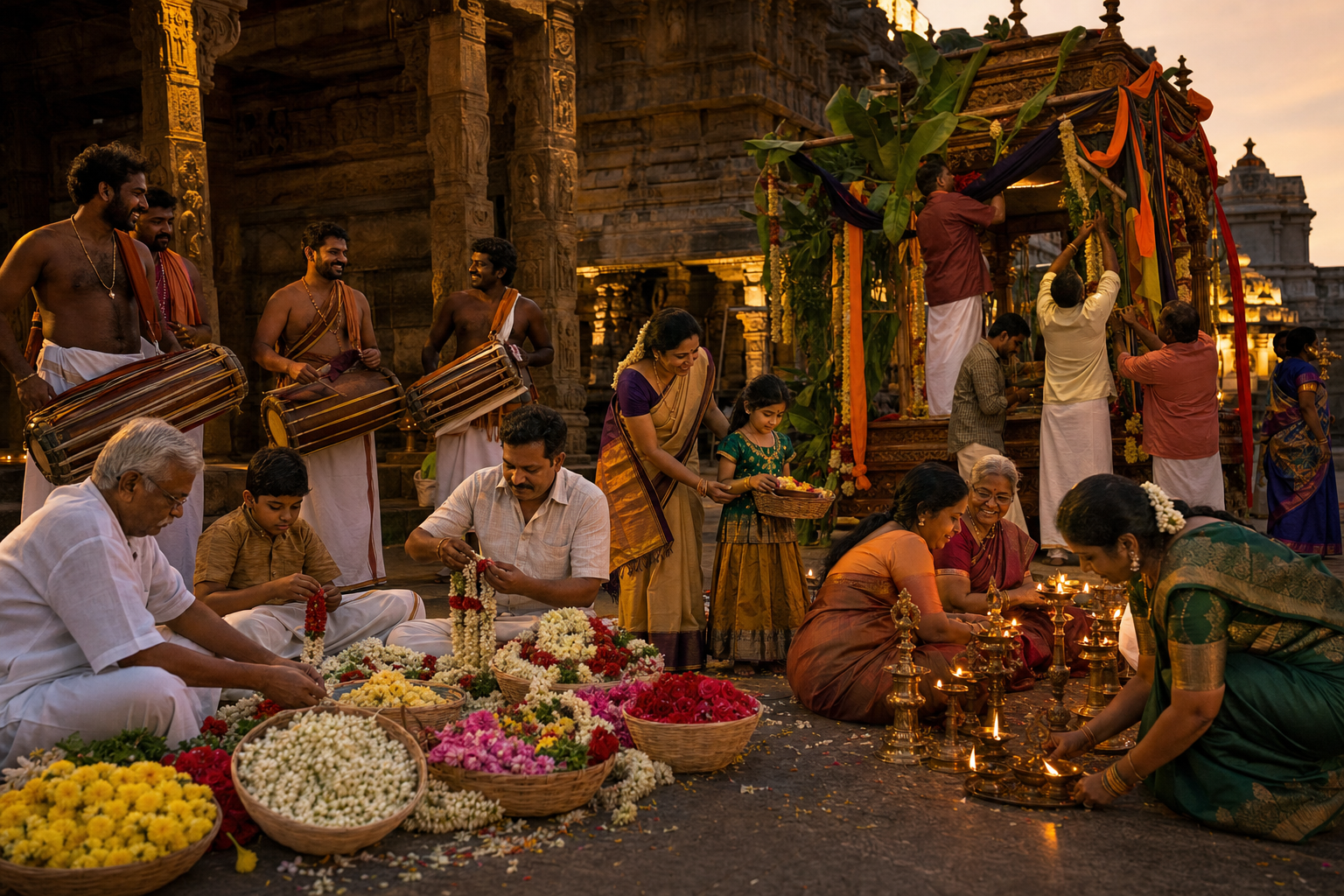 Temple community members of several generations prepare garlands, lamps, music and a processional canopy for a festival.