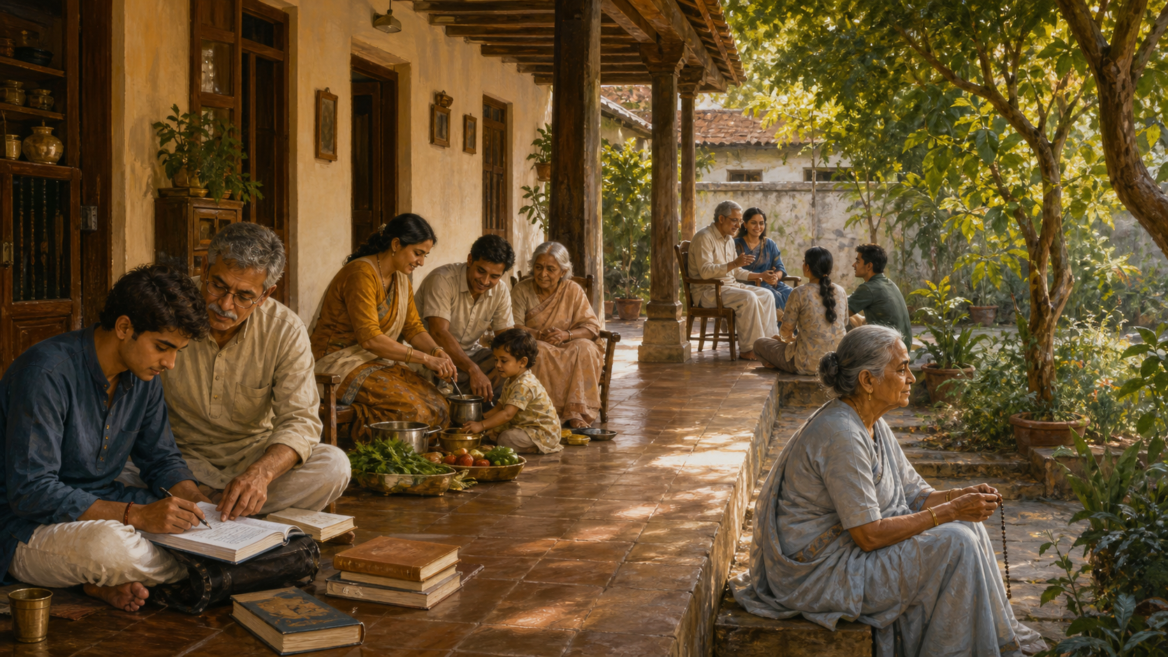 People of four generations study, manage a household, mentor younger relatives, and sit in quiet reflection along a courtyard veranda.