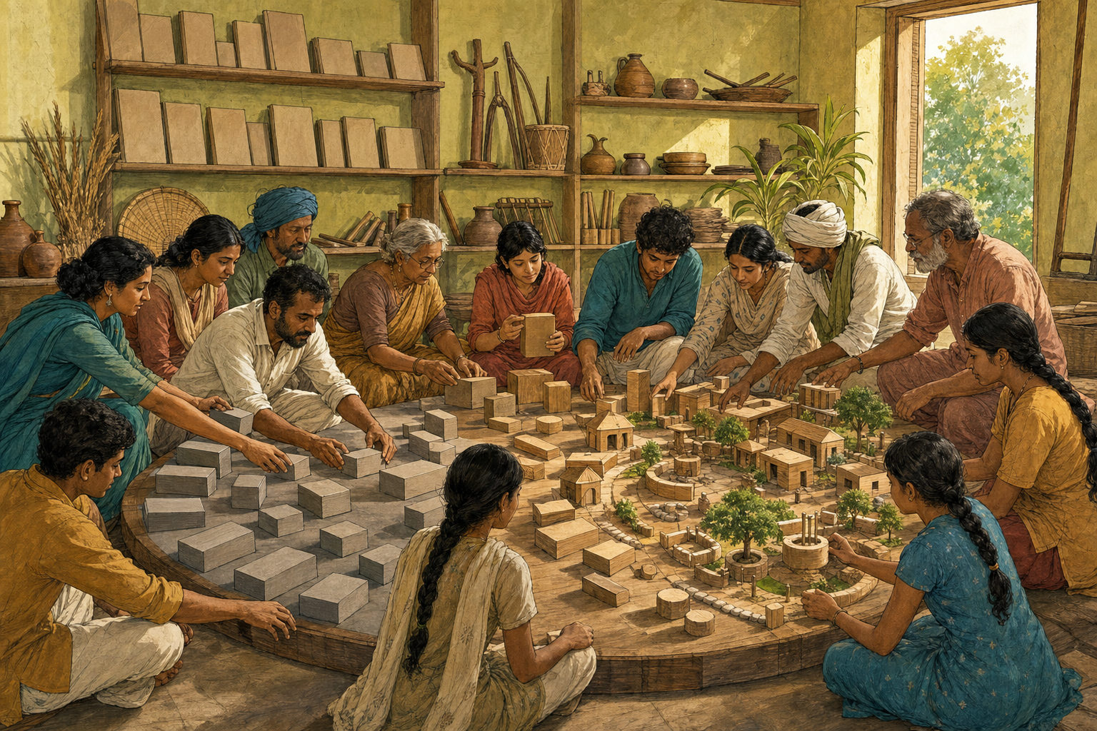 People from varied occupations arrange unmarked wooden blocks into a model of courtyards, wells, paths, workshops, and trees inside a sunlit knowledge hall.