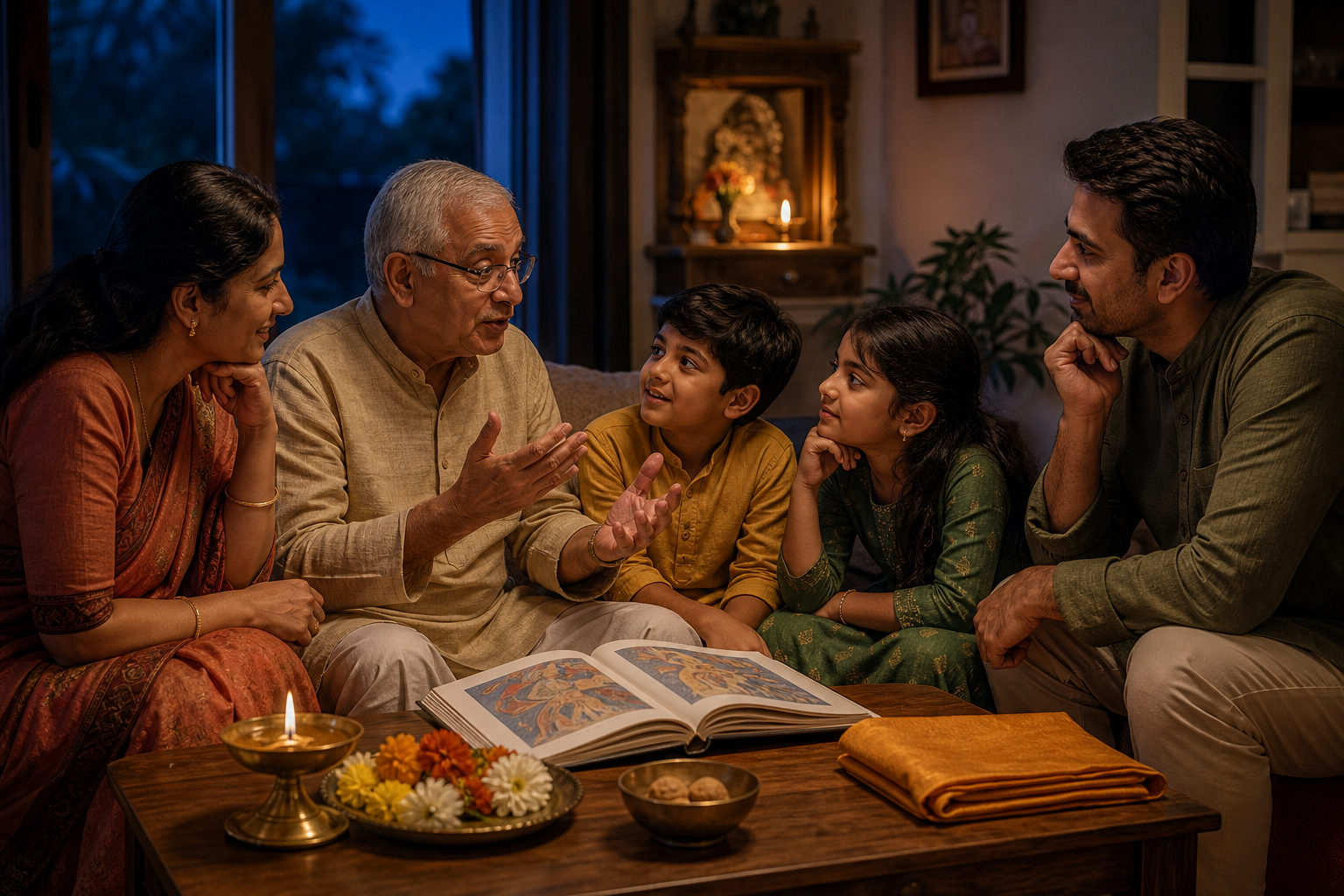 A grandparent shares a sacred story with children and their parents beside a brass lamp, flowers, prasad, and folded saffron cloth in a family home.