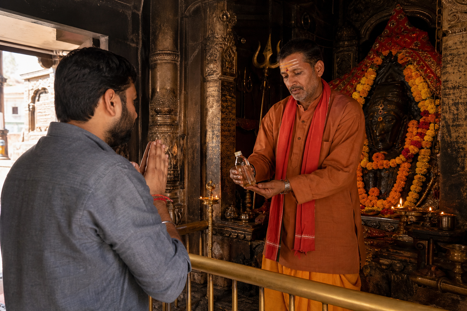 A devotee with folded hands gives a plain sealed bottle to a priest at a flower-decorated Kal Bhairav shrine.