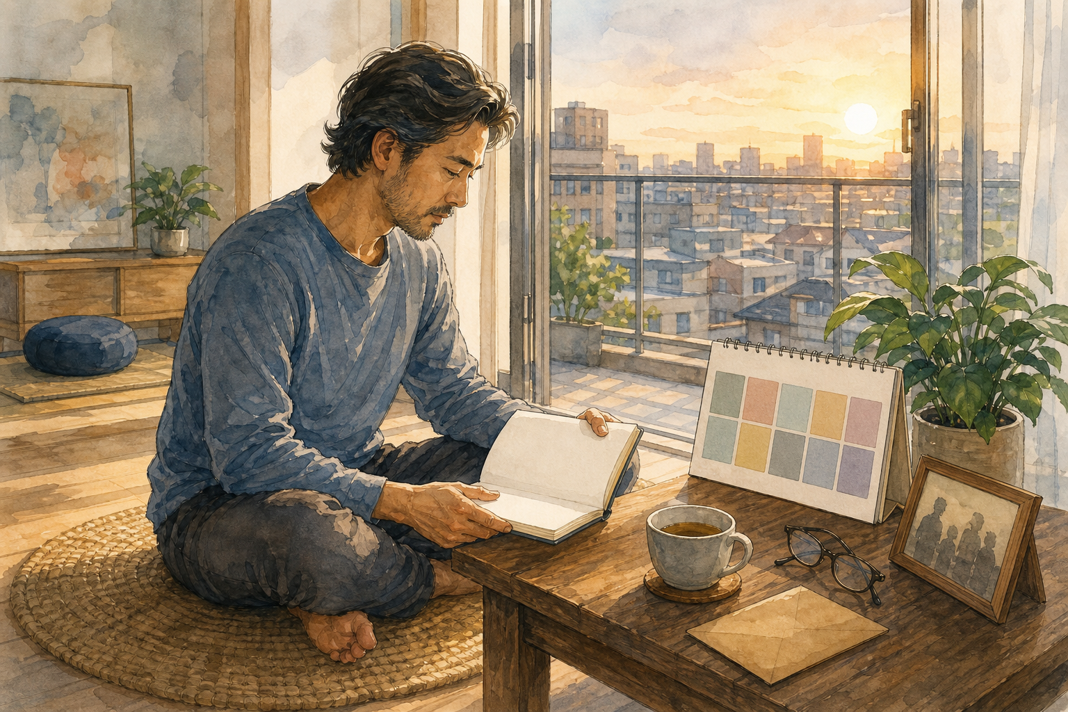 A person sits beside a meditation mat and low desk with a blank journal, tea, household items, a plant, and a sunrise city view.