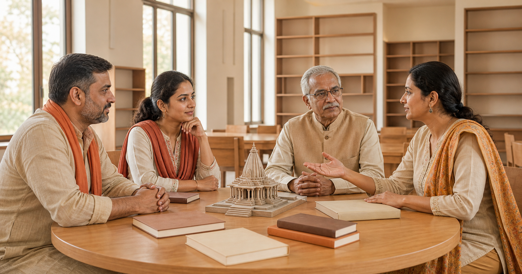 Four people of different generations hold a calm discussion around a library table with unmarked books and a small temple model.