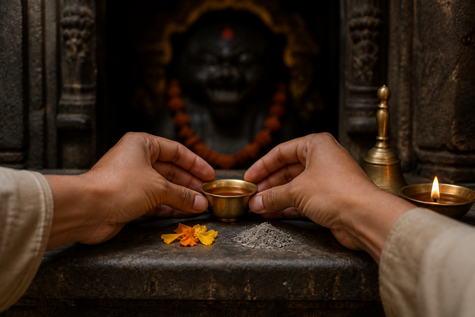 Hands place a small brass cup beside flowers and an oil lamp at a dark stone Bhairav shrine.