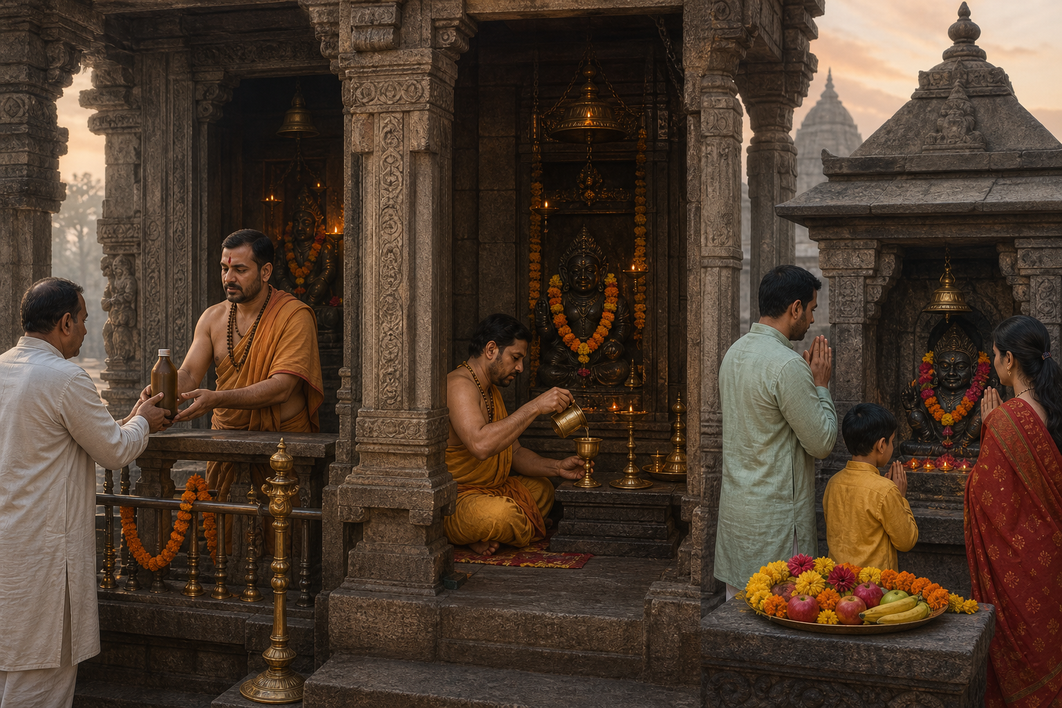 Three temple settings show a priest receiving a sealed bottle, preparing a small ritual cup, and accepting flower and fruit offerings.