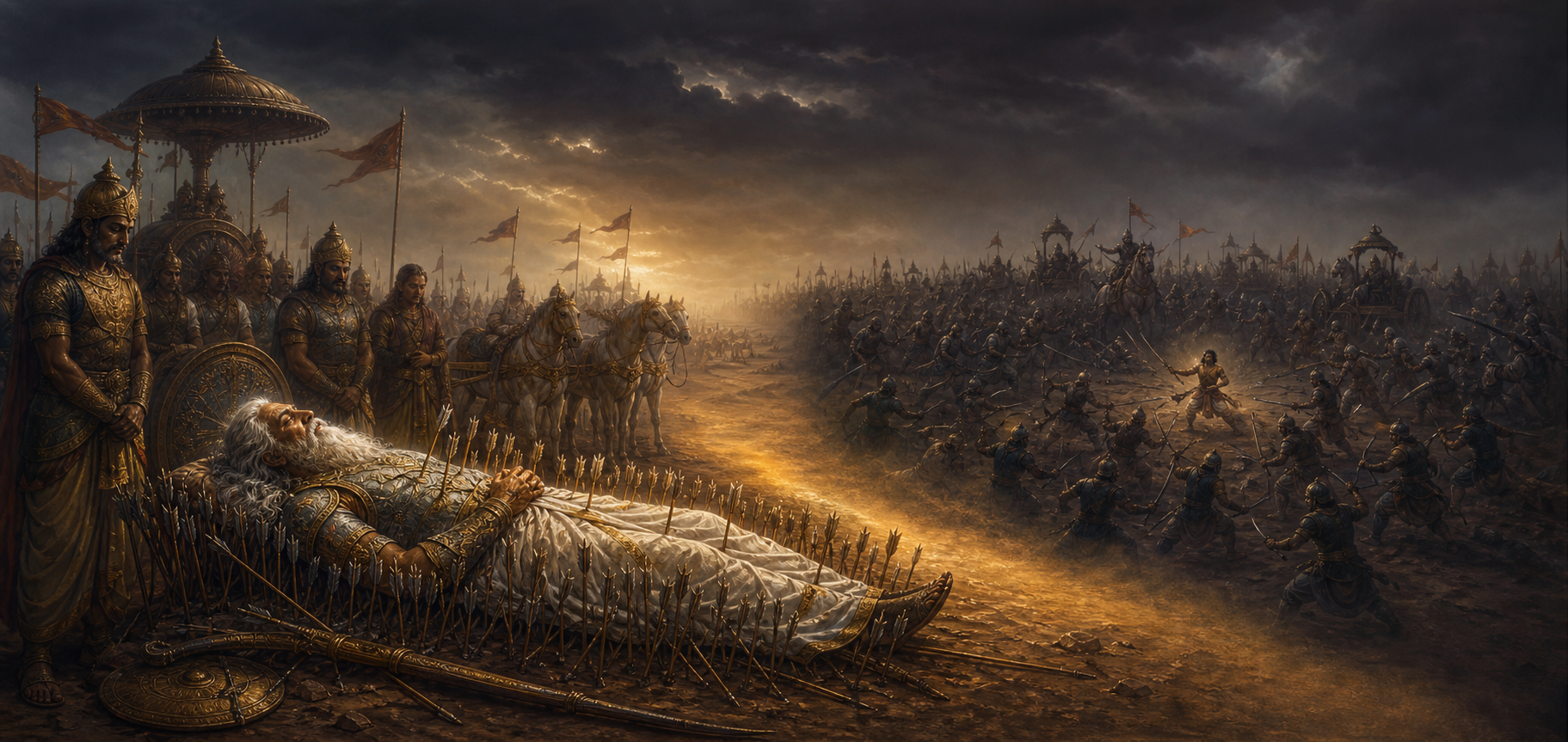Symbolic battlefield scene with Bhishma resting on a bed of arrows in golden light while a distant young warrior stands encircled by many opponents under a dark sky.