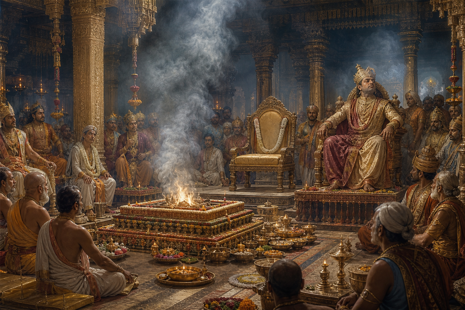 Daksha presides over an elaborate sacrifice while an empty place of honor, a weak altar flame and uneasy guests reveal tension within the ritual hall.