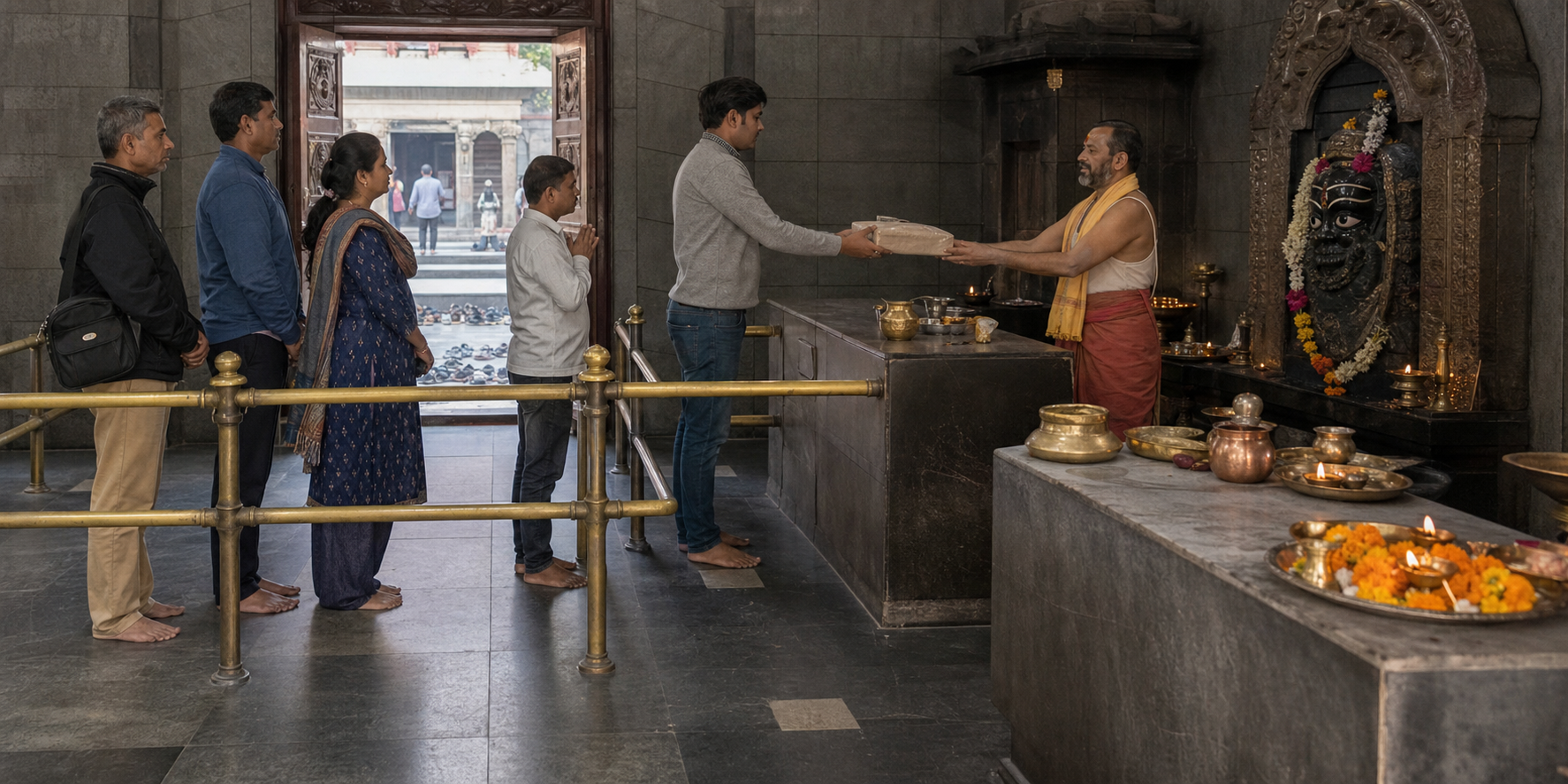 Pilgrims wait quietly behind a railing while a priest manages offerings and darshan at a Bhairav temple.