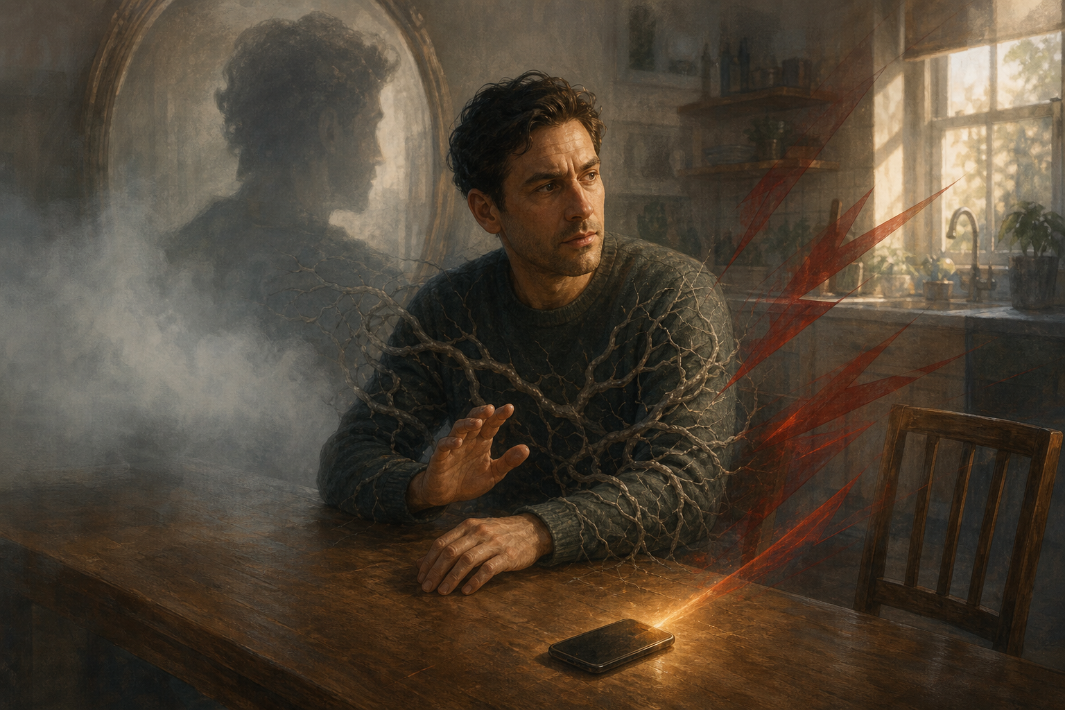 A person pauses during a tense conversation as fog, a mirror image, a glowing phone, angular shadows, and rootlike patterns surround the moment.