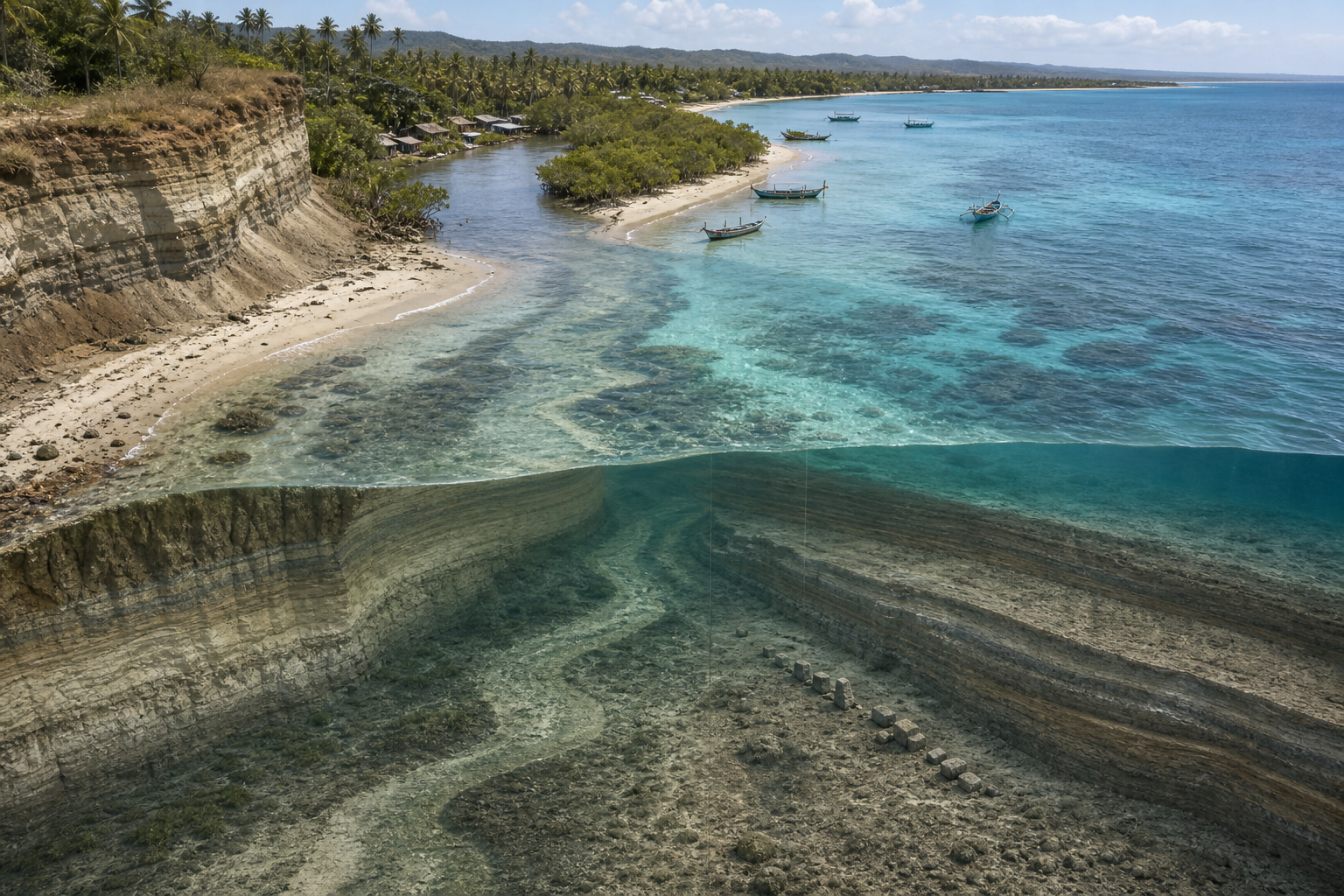 An aerial cutaway of a tropical coast showing an old river channel and sediment-covered former shoreline beneath shallow seawater.