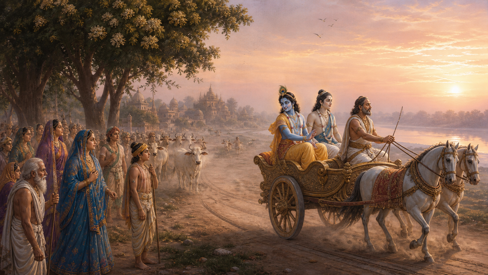 Krishna looks back toward the people of Vrindavan while riding with Balarama in Akrura's chariot beside the Yamuna at dawn.