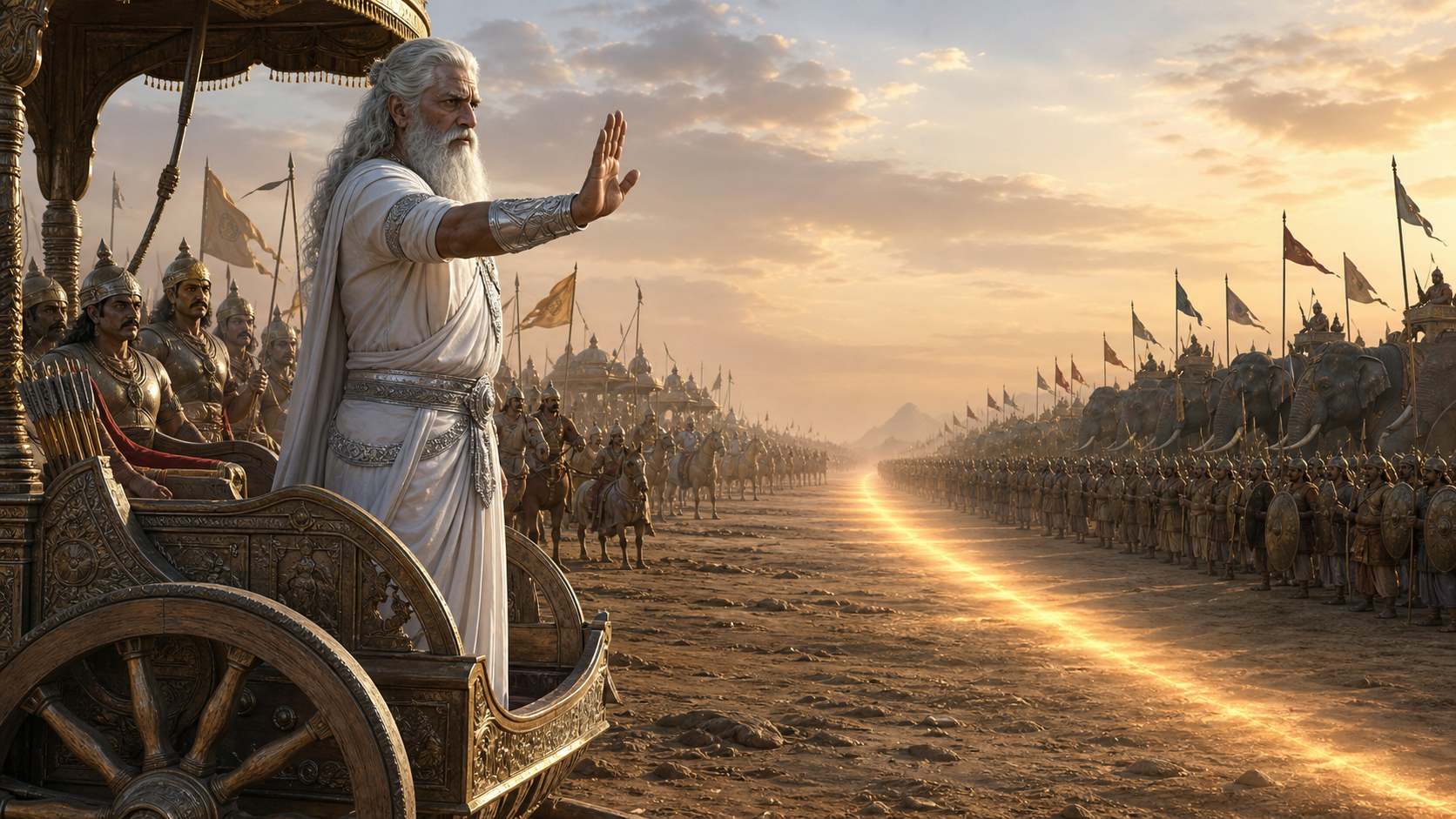 An elderly silver-haired commander raises his hand from a chariot as an ancient army stops behind a sunlit boundary on the battlefield.