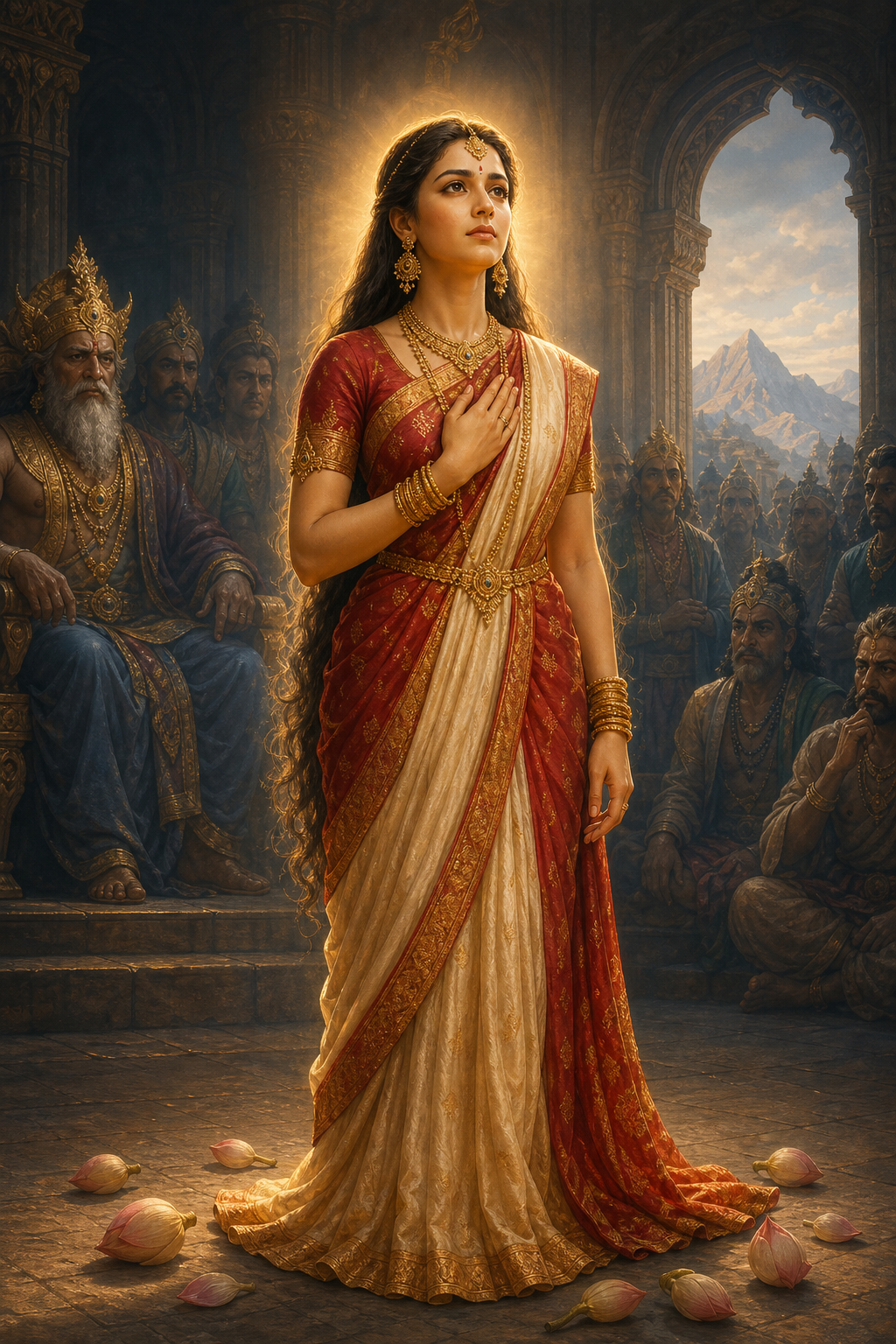 Sati stands calmly and resolutely before Daksha's shadowed assembly, surrounded by soft light with an open doorway and distant mountains behind her.