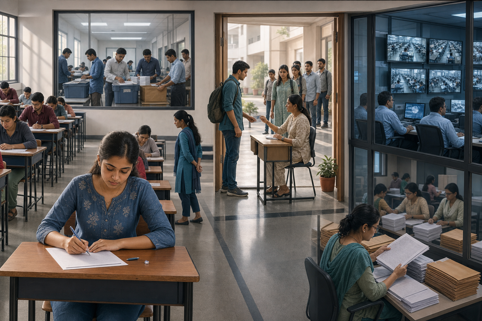 Students take an examination while staff manage secure paper handling, invigilation, monitoring and answer-sheet review across connected institutional spaces.