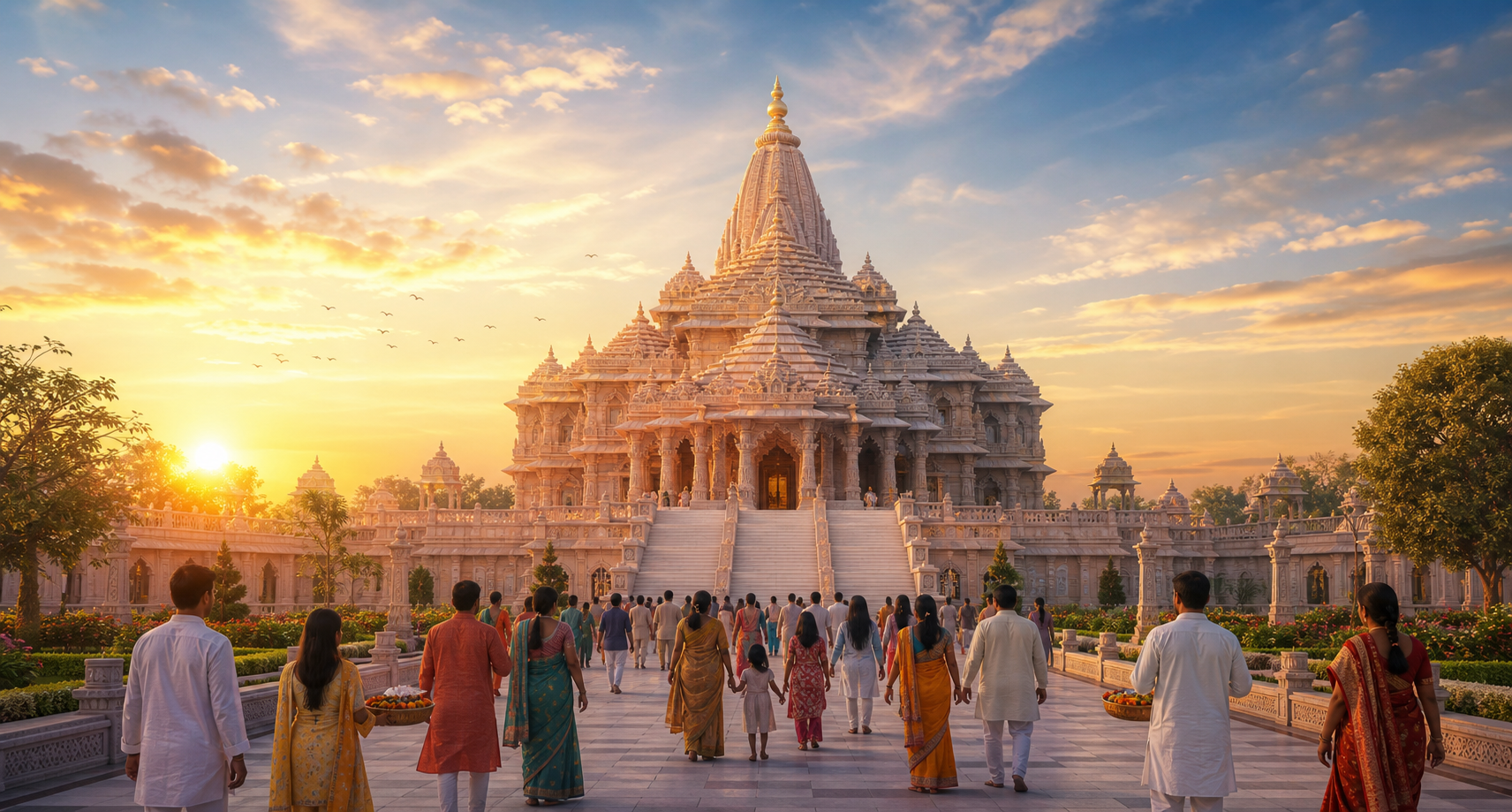 The Ram Mandir in Ayodhya illuminated by sunrise as pilgrims and families walk toward the sandstone temple.