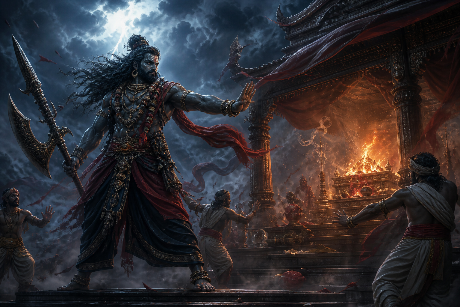 Veerabhadra stands firmly at a storm-darkened pavilion entrance, holding his weapon in restraint and raising one palm toward the disrupted altar.