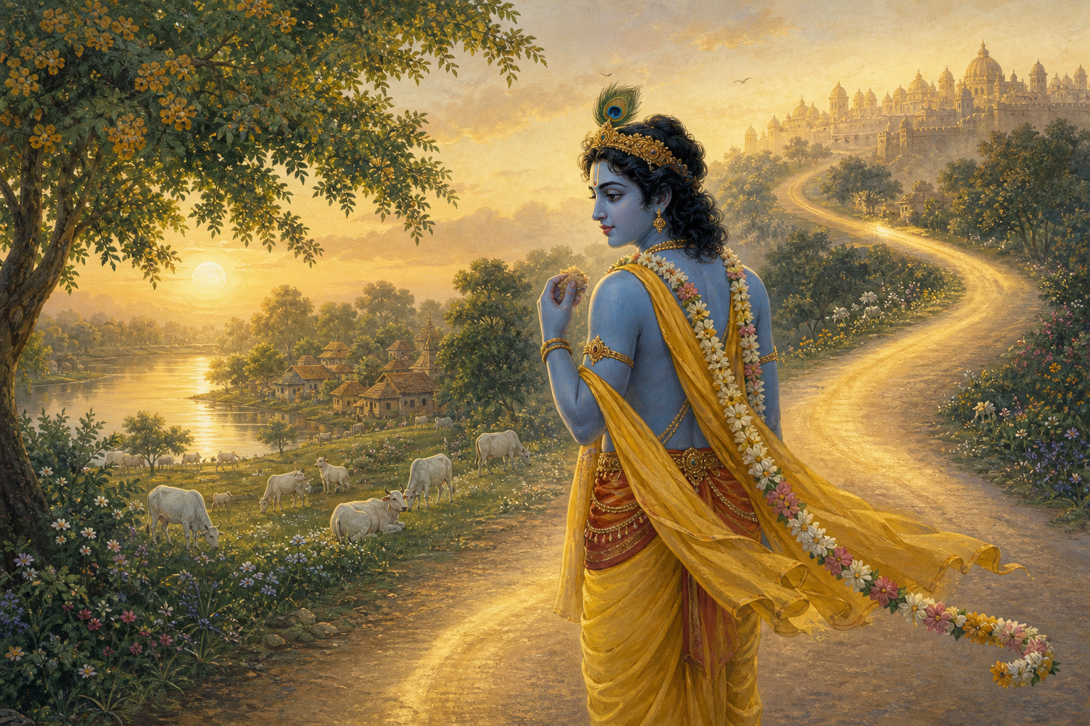Krishna pauses on the road to Mathura, holding dust near his heart as he looks back at the Yamuna, cows, trees, and homes of Vrindavan.