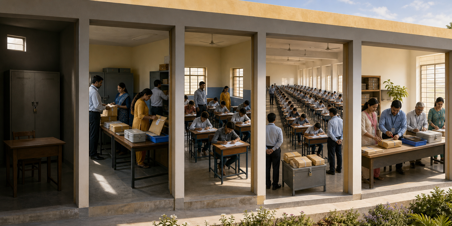 Five connected institutional spaces show an examination reform progressing from planning and preparation to limited use, broad operation and quality review.