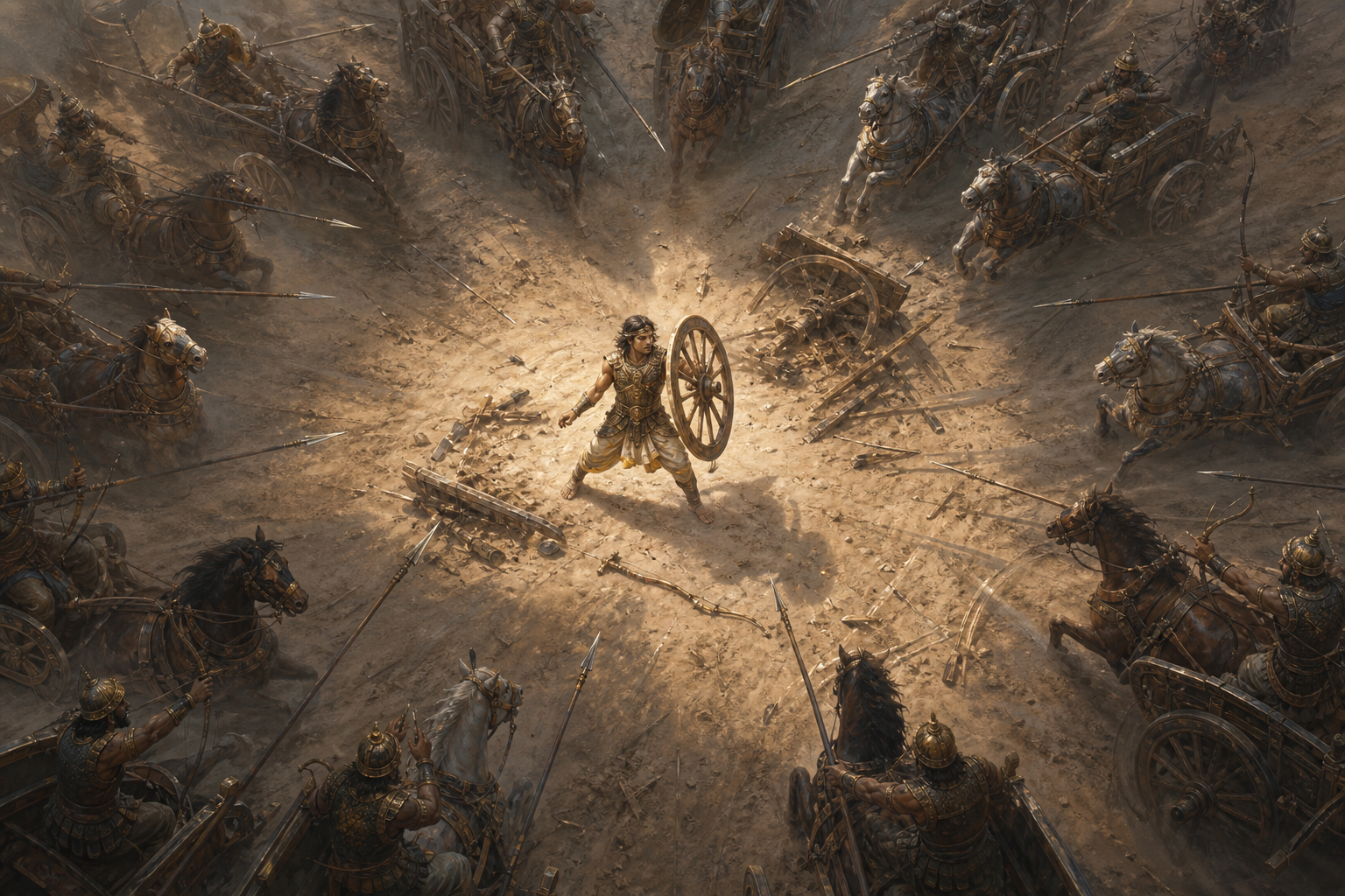 A young warrior beside a shattered chariot holds a broken wheel while numerous armed warriors and chariots surround him in a tightening circle.