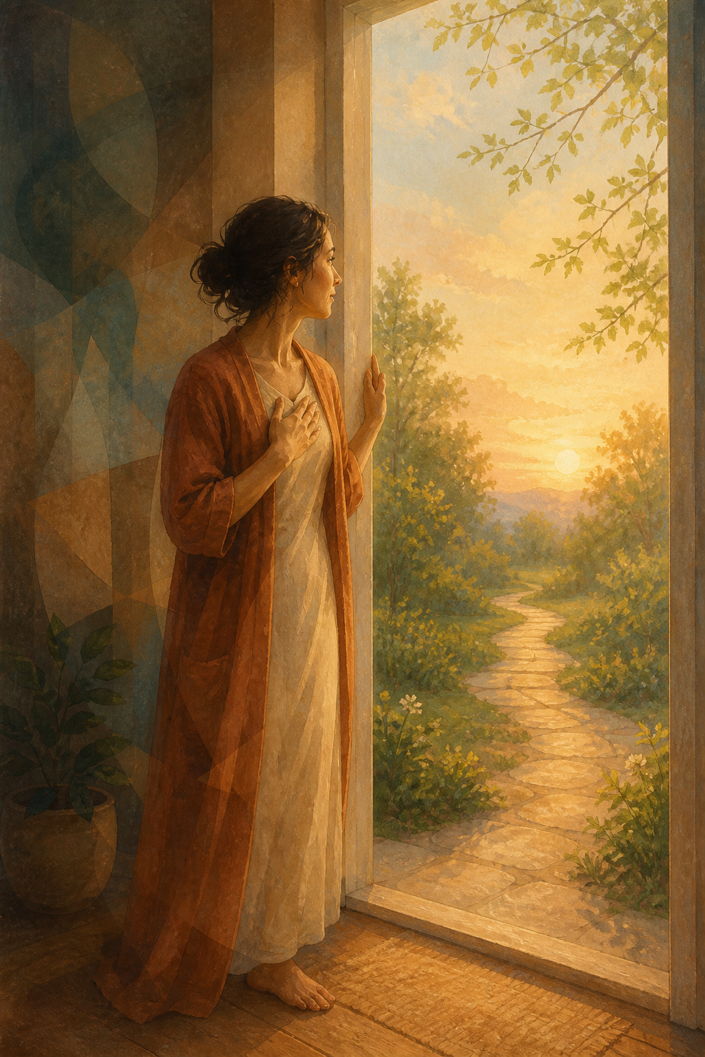 An adult stands in an open doorway at dawn, looking from a dim interior toward a sunlit garden path.