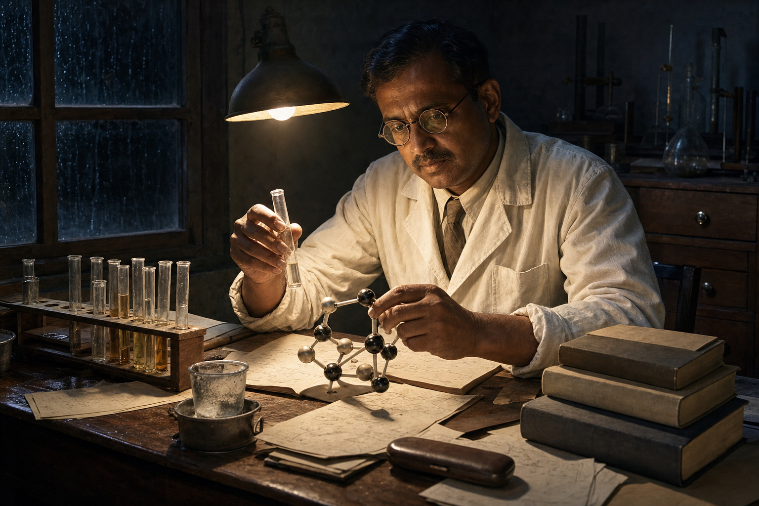 Yellapragada Subbarow sits at a modest laboratory desk at night, examining test tubes and a molecular model under a task lamp.