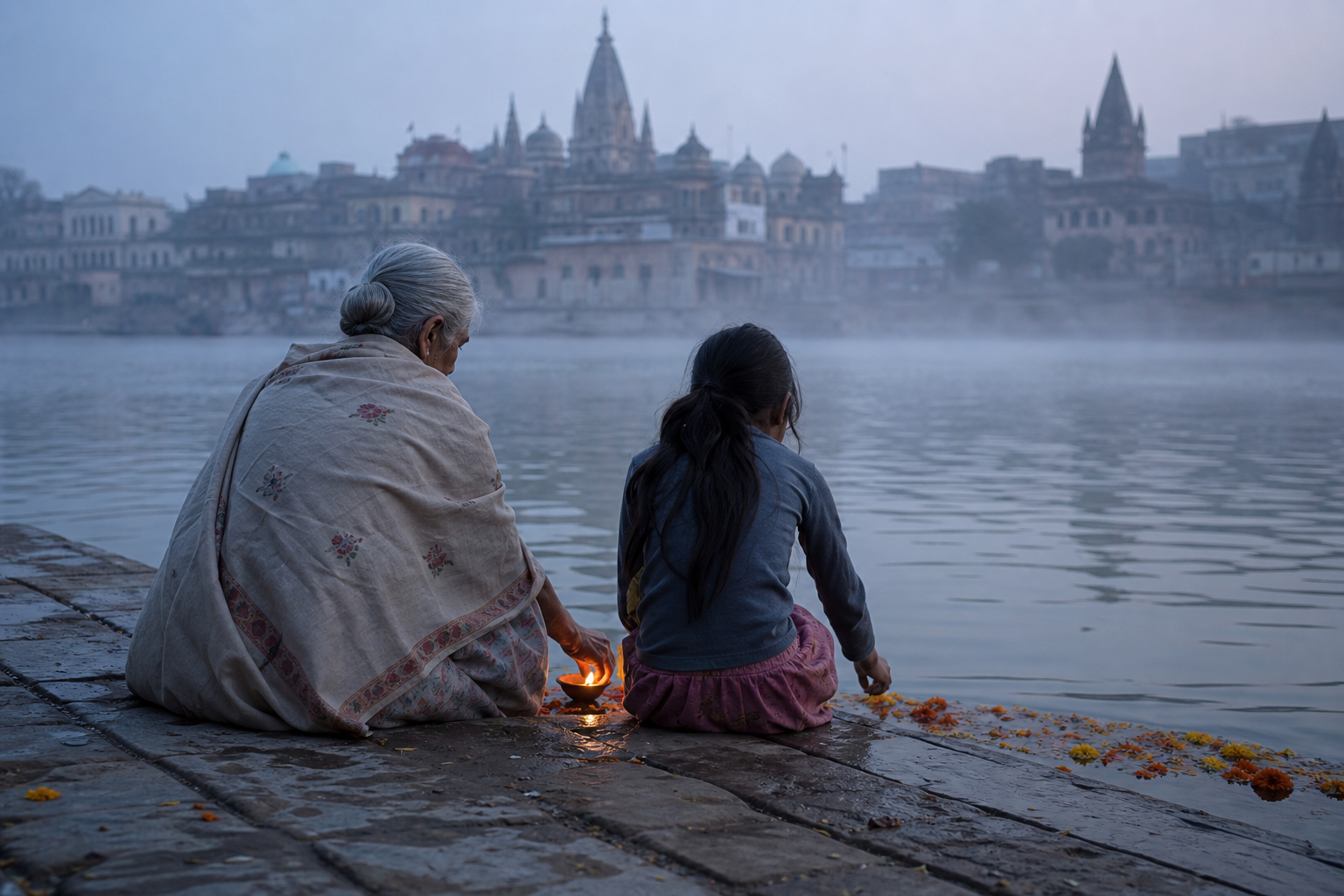 An elderly woman and a teenage girl place a clay oil lamp beside marigold petals on the Sarayu riverbank at dawn.