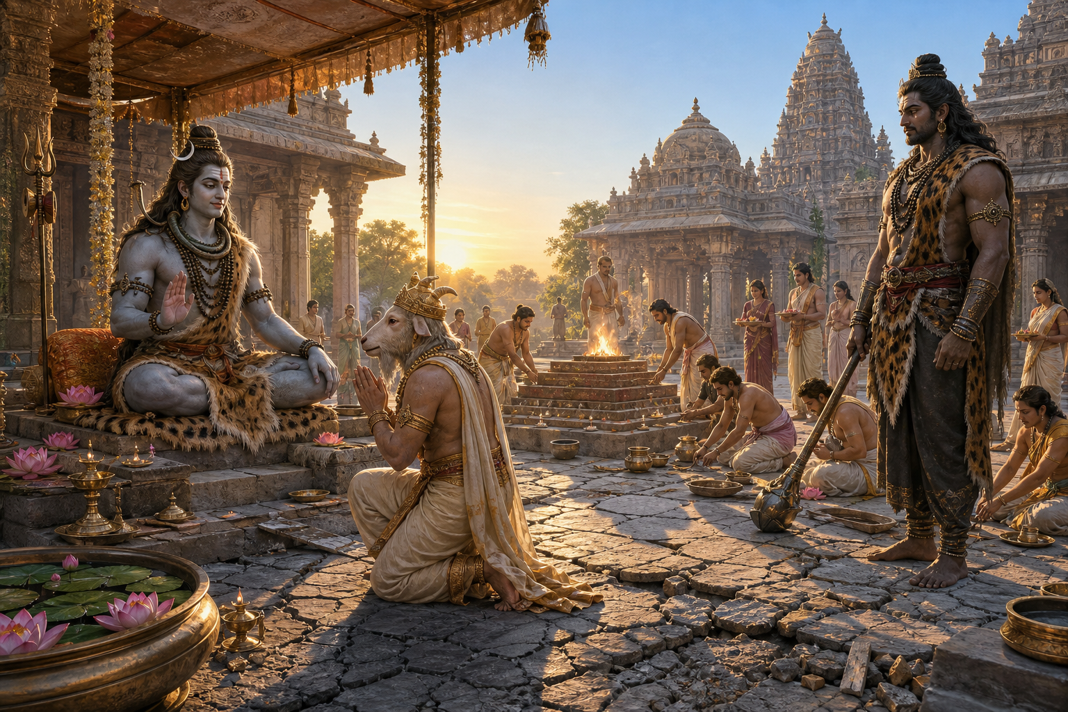 Goat-headed Daksha bows before Shiva while Veerabhadra stands with a lowered weapon and attendants restore the sacrificial altar at dawn.