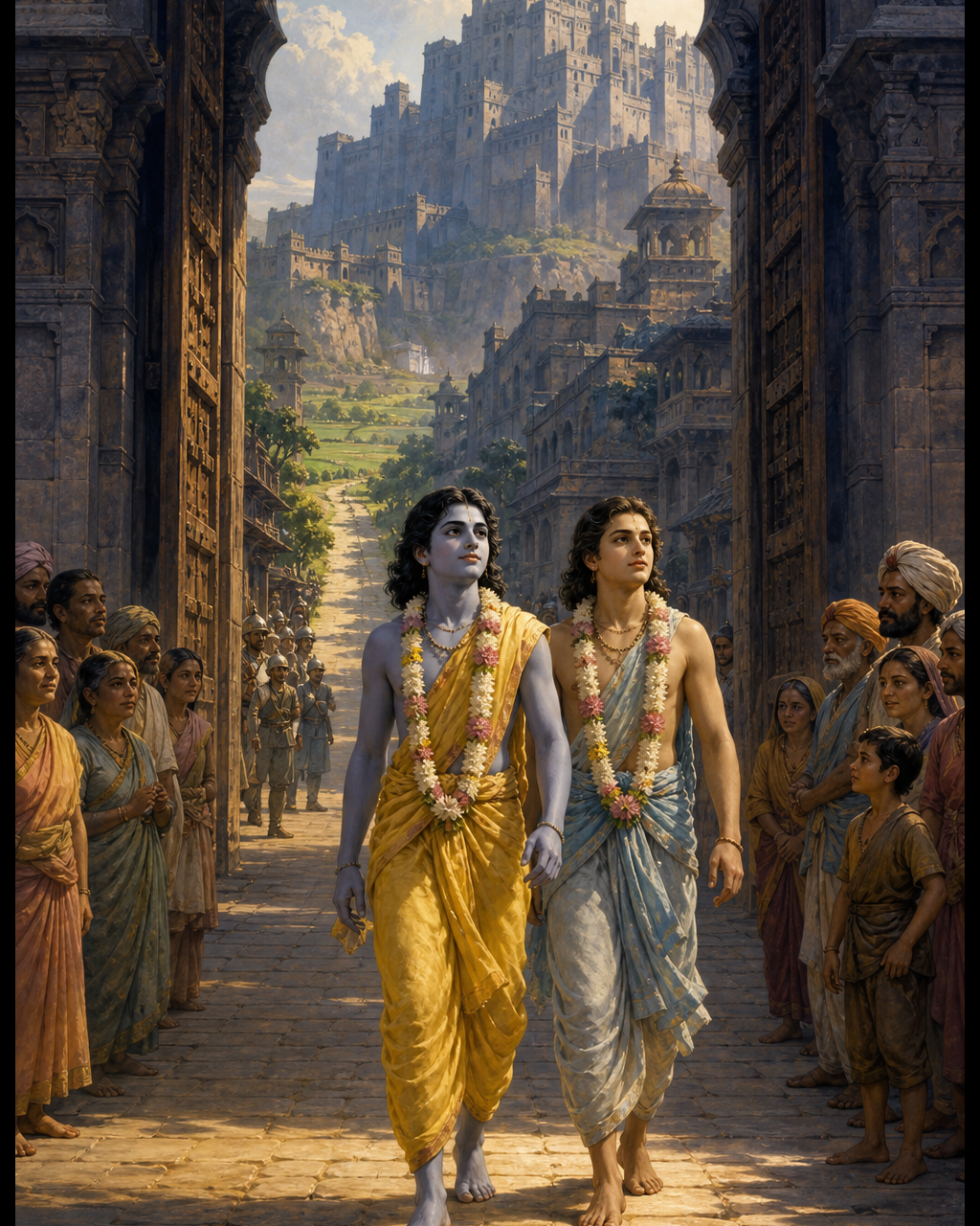 Krishna and Balarama enter Mathura through a fortified gateway as citizens watch and Kamsa's palace rises in the distance.