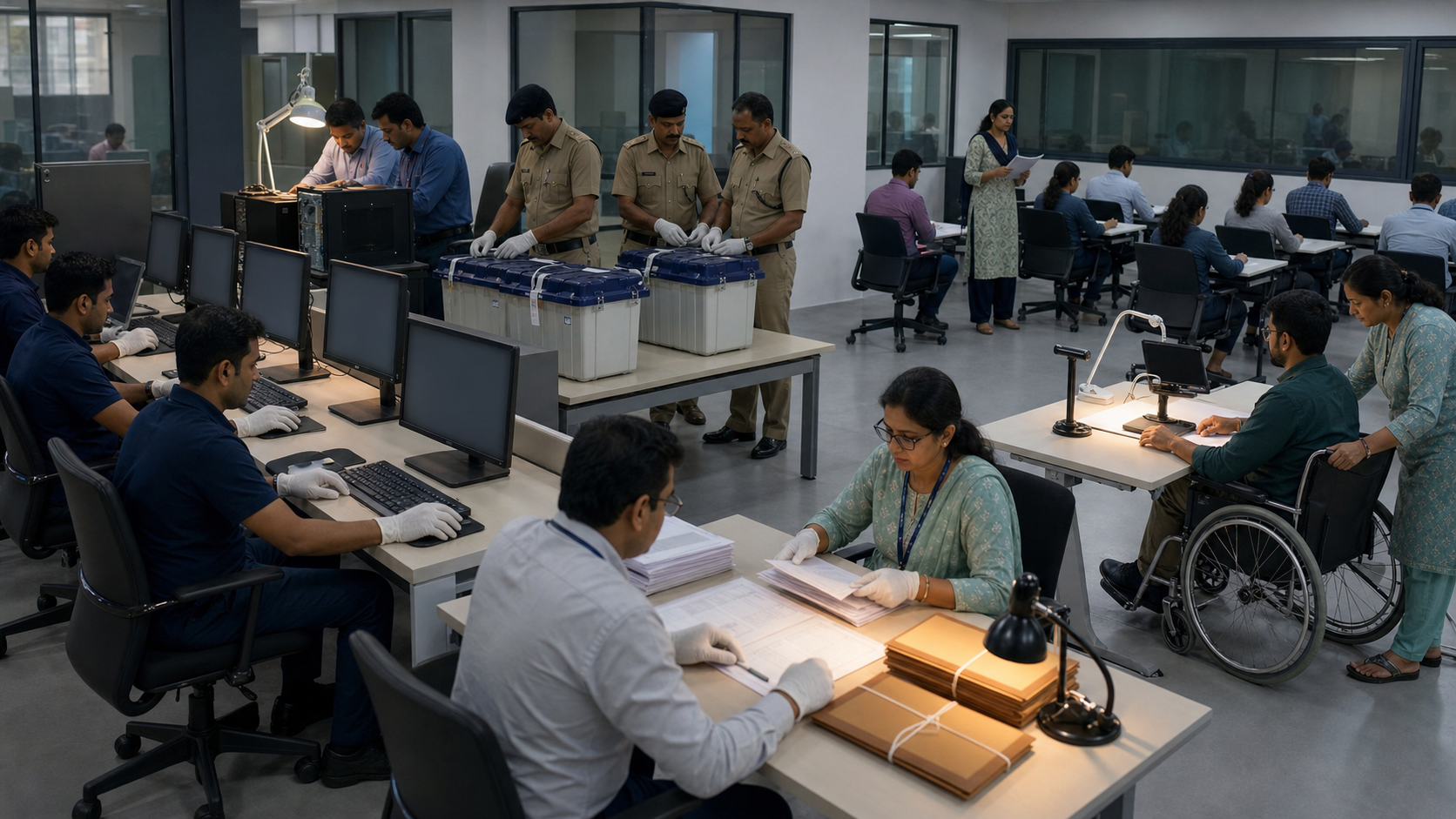 Teams test examination technology, security, invigilation, accessibility and record handling in separate areas of an operations center.