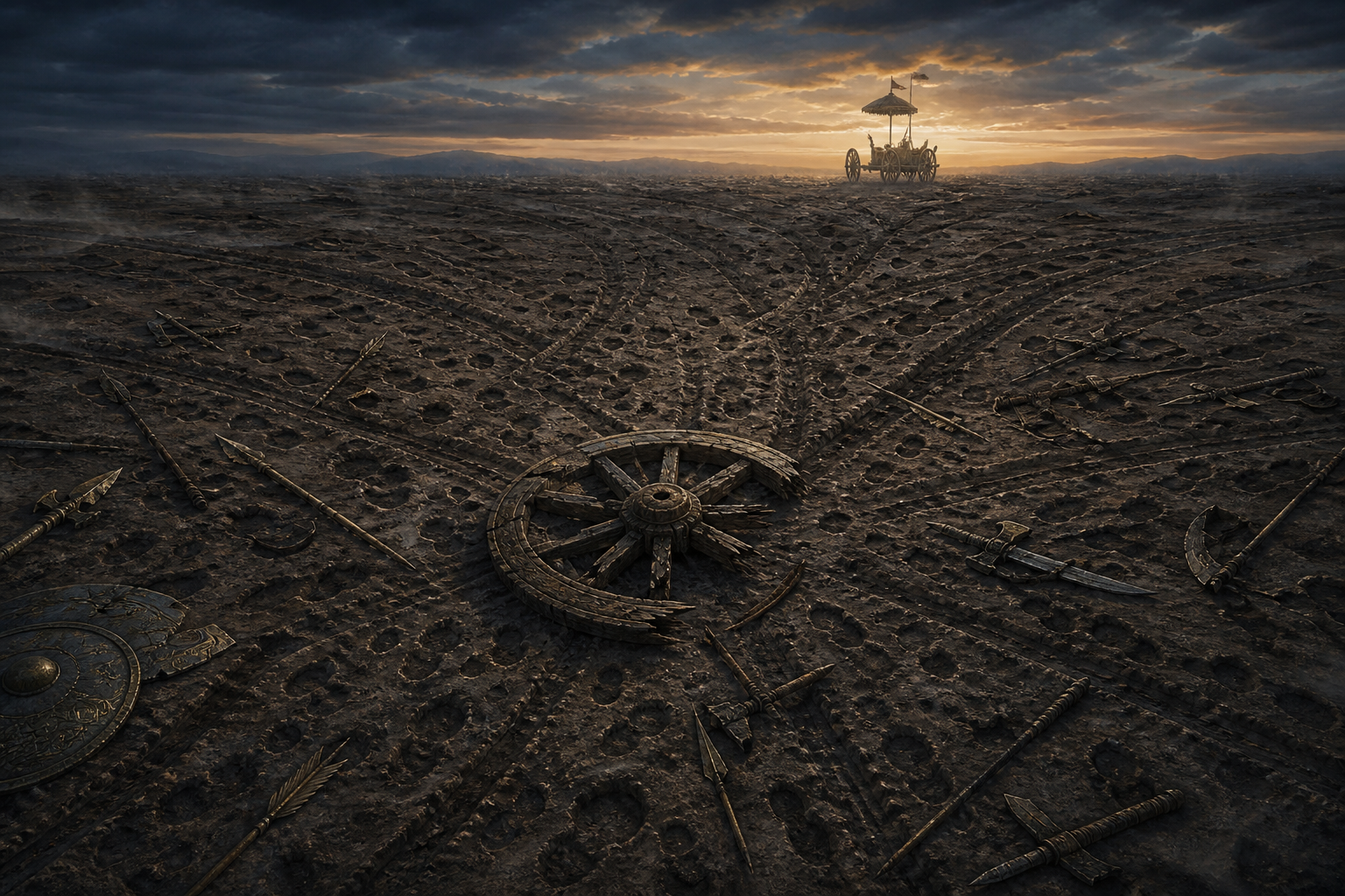 A broken chariot wheel lies amid converging footprints, weapons, and chariot tracks, with an empty chariot visible in the distant dusk.