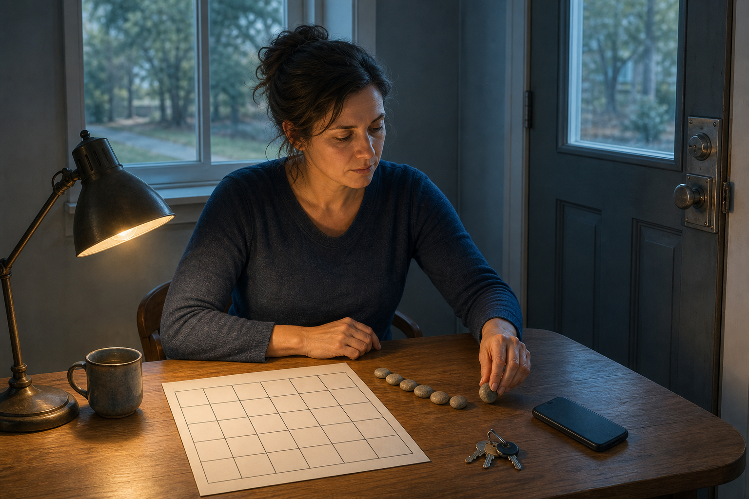An adult sits at a kitchen table beside arranged stones, keys, a closed phone, and a blank calendar in a securely locked room.
