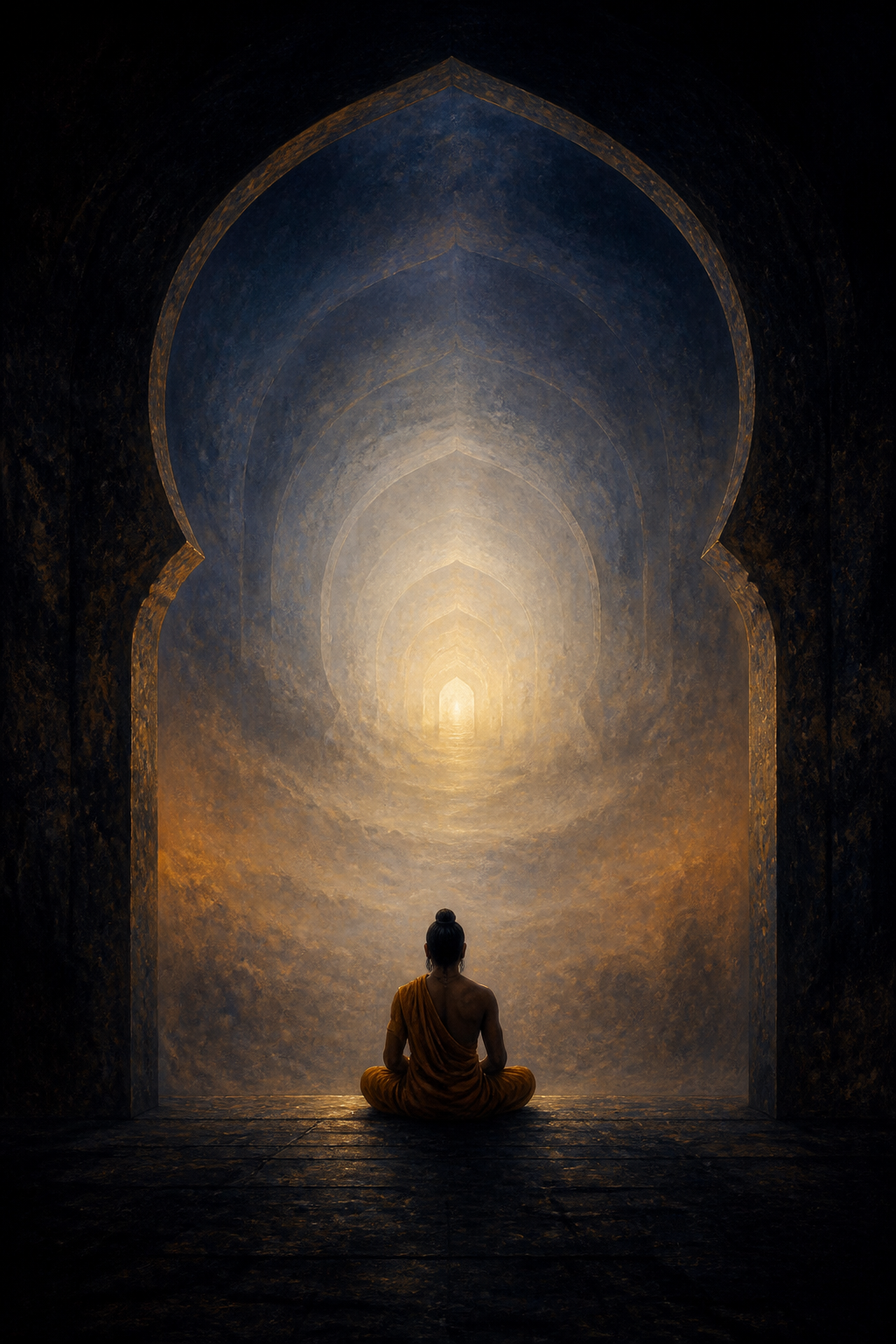 An anonymous ascetic meditates before receding layers of darkness and white-gold light, with the brightest expanse still distant.