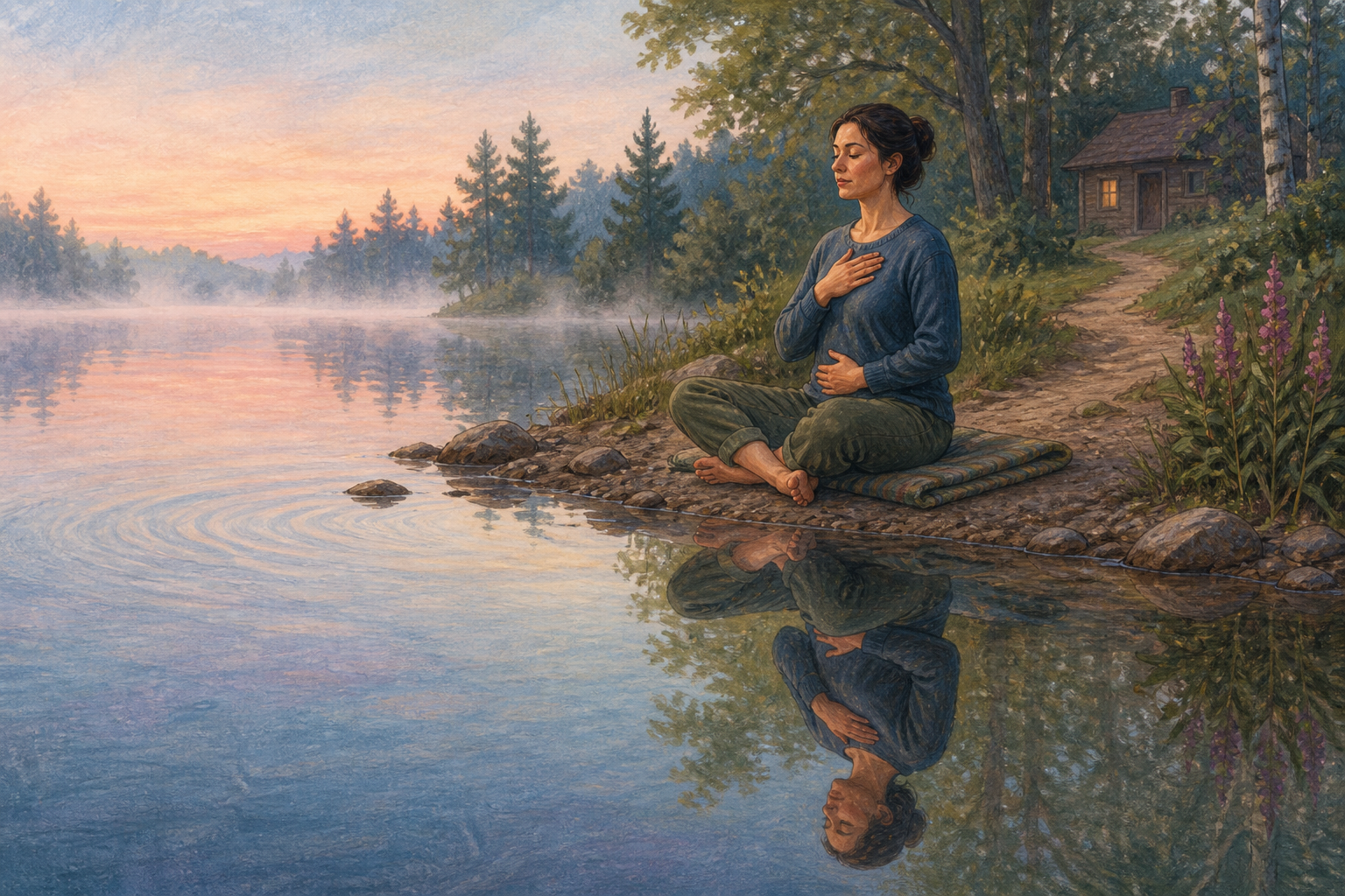An adult sits beside a calm lake with one hand on the chest and one on the abdomen as a clear reflection appears in the water.