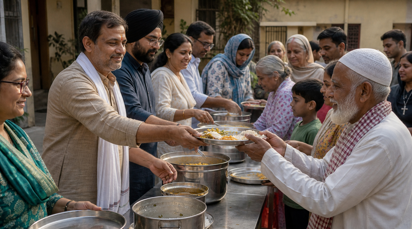 Neighbors from several Indian faith communities work together to serve a meal to families and older people in a courtyard.