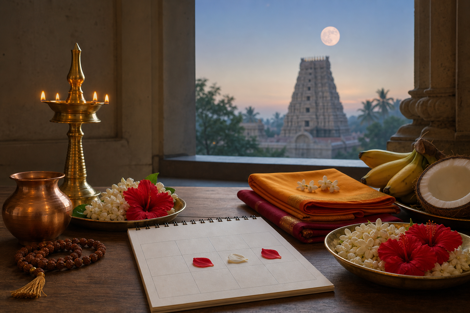 Brass puja lamp, flowers, fruit and prayer beads beside an unmarked calendar, with a temple tower and pale full moon visible at dawn.