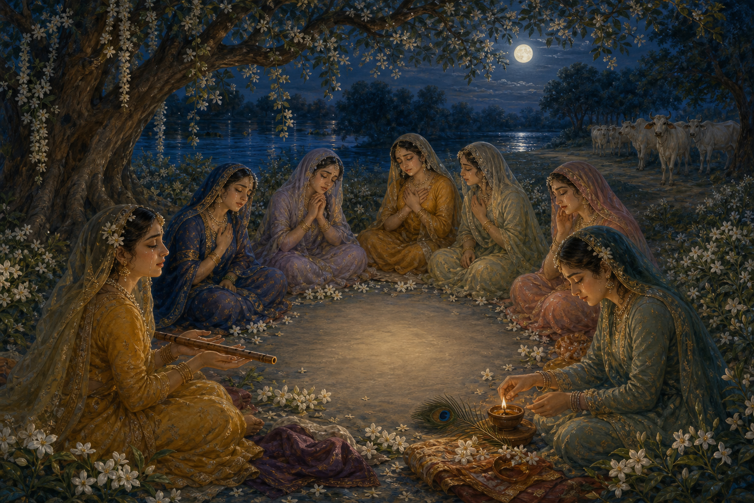 Radha and the cowherd women gather with a flute and clay lamp beneath a kadamba tree on the moonlit bank of the Yamuna while Krishna is absent.