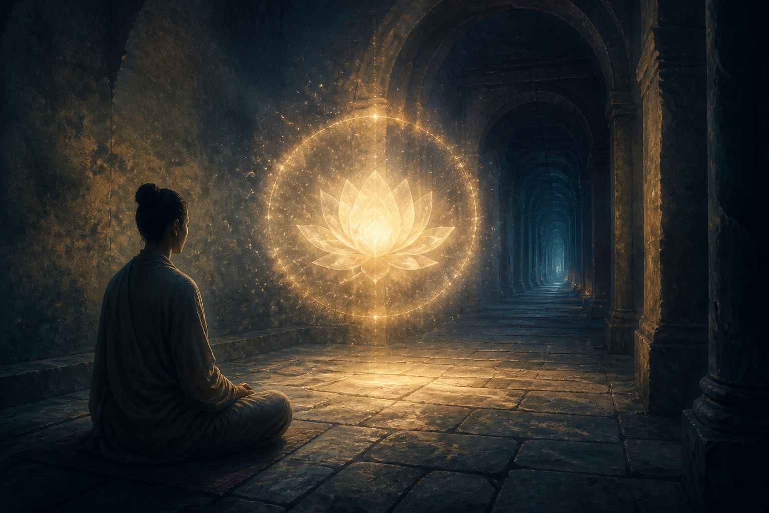A meditator sees a radiant lotus-like vision in a stone chamber while a shadowed passage continues beyond it.