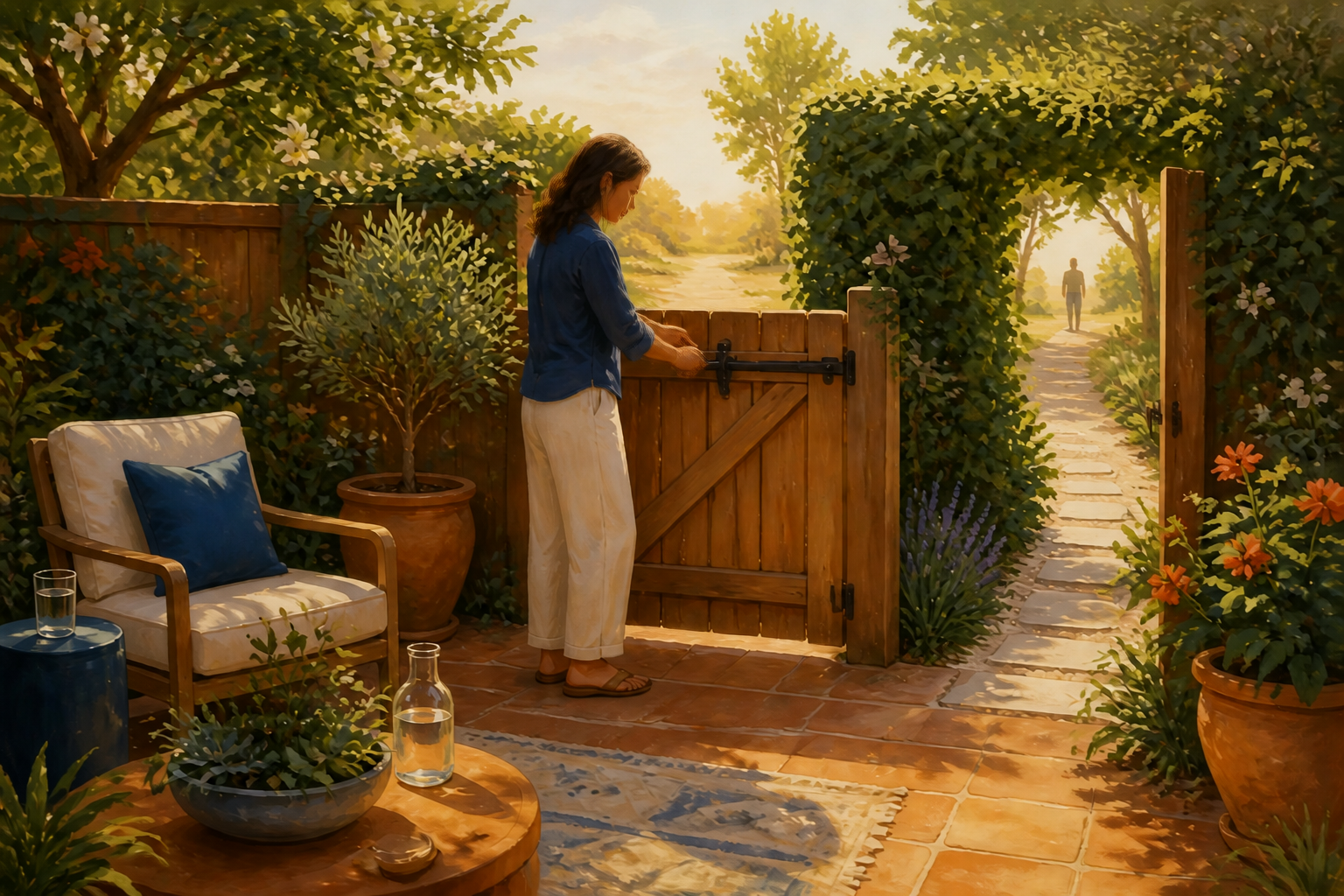 An adult calmly latches a wooden garden gate from inside a planted courtyard while a distant figure remains outside.