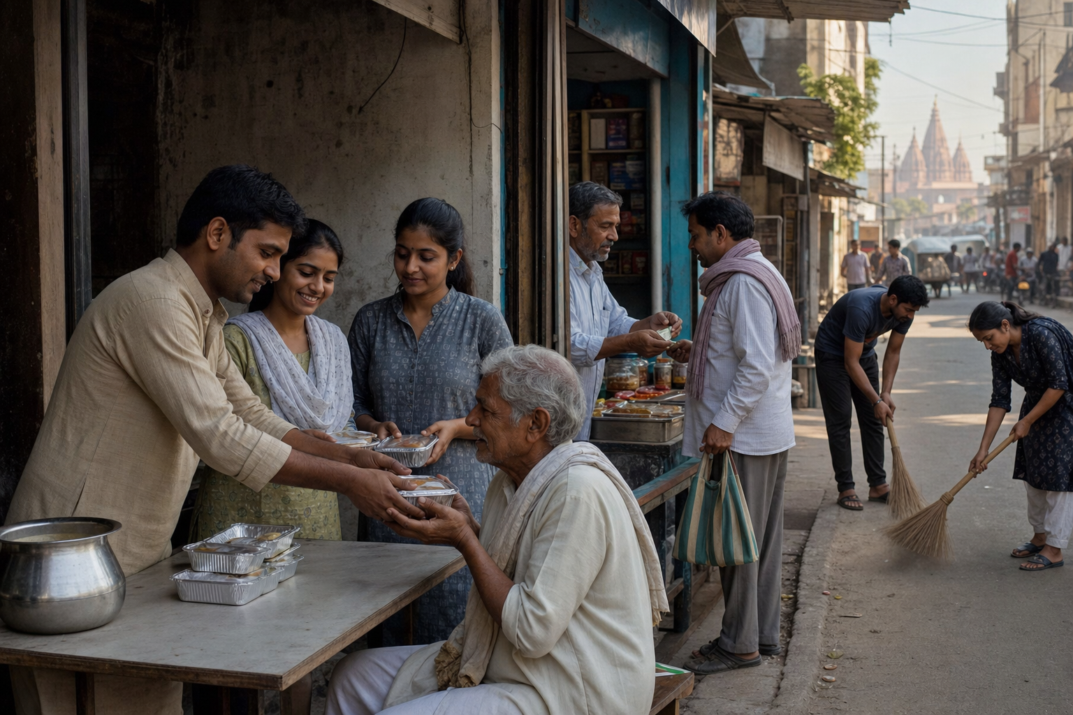 Volunteers serve food and assist an older man while residents carry out small acts of honesty and neighborhood care on an Indian street.