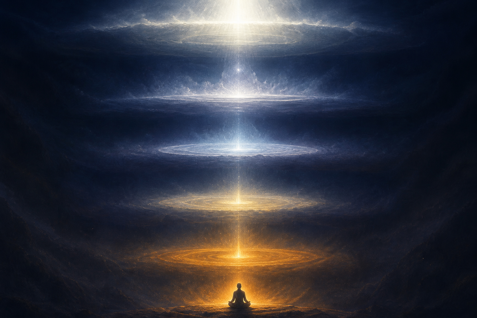 A small meditating figure sits beneath several distinct levels of amber, silver, white, and colorless light rising through darkness.